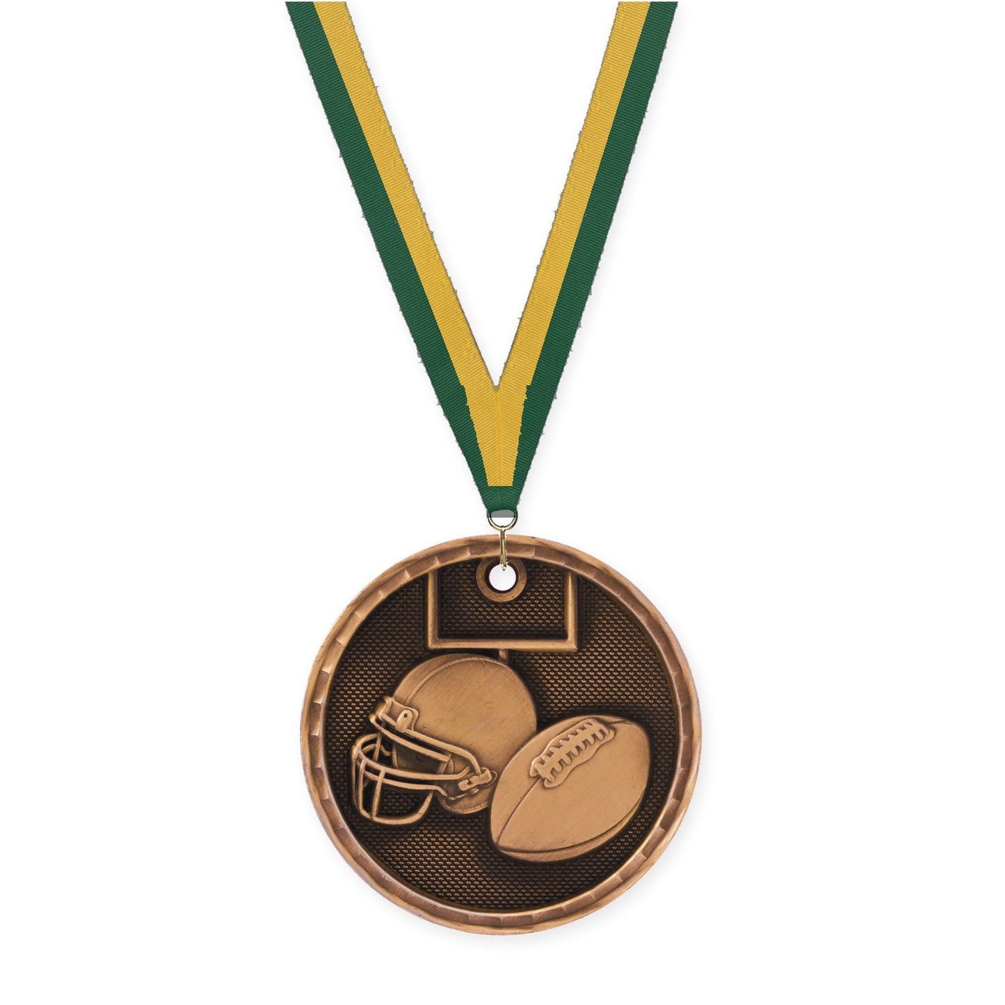 2 inch football 3-D medal in antique bronze with Hunter Green Gold neck ribbon