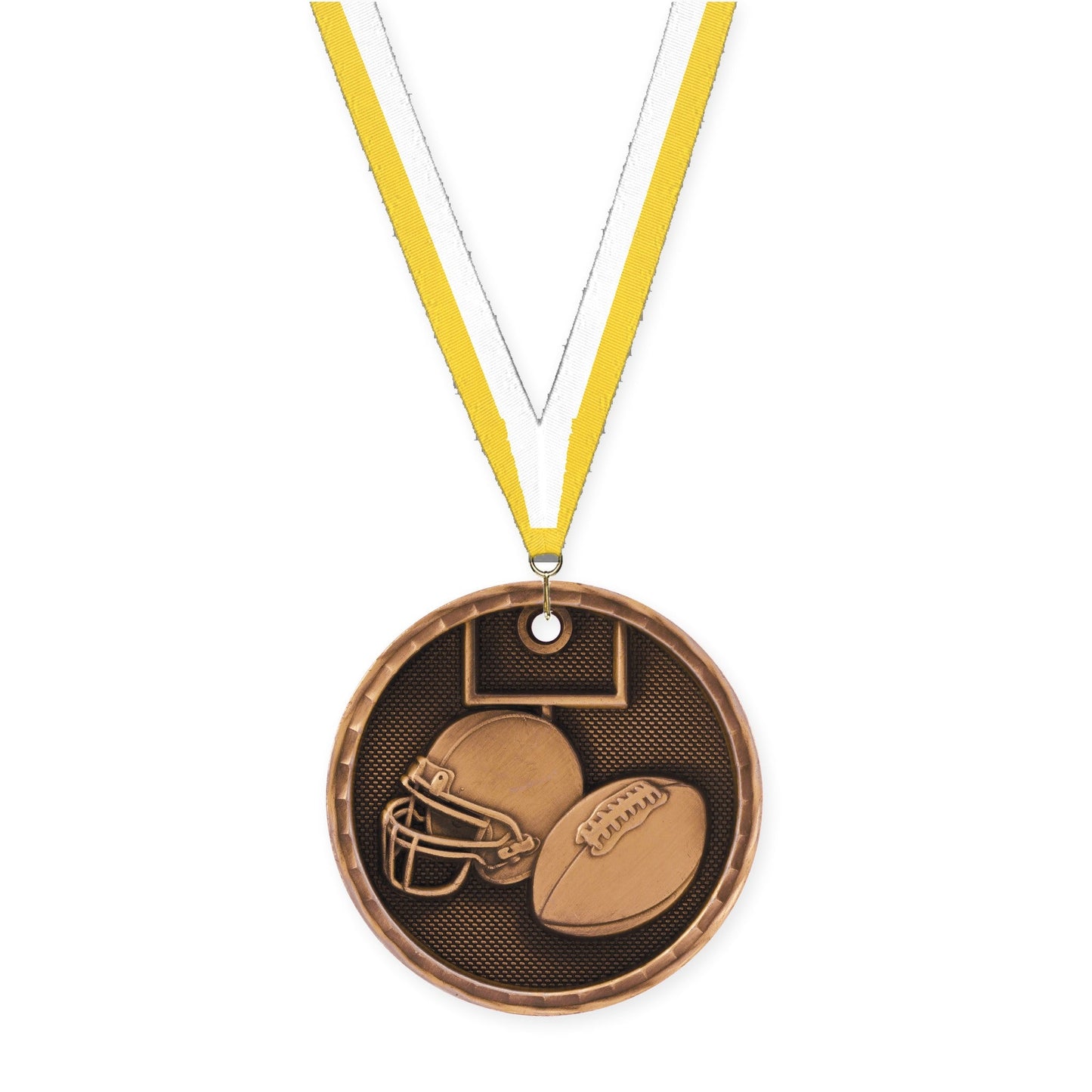 2 inch football 3-D medal in antique bronze with Yellow White neck ribbon