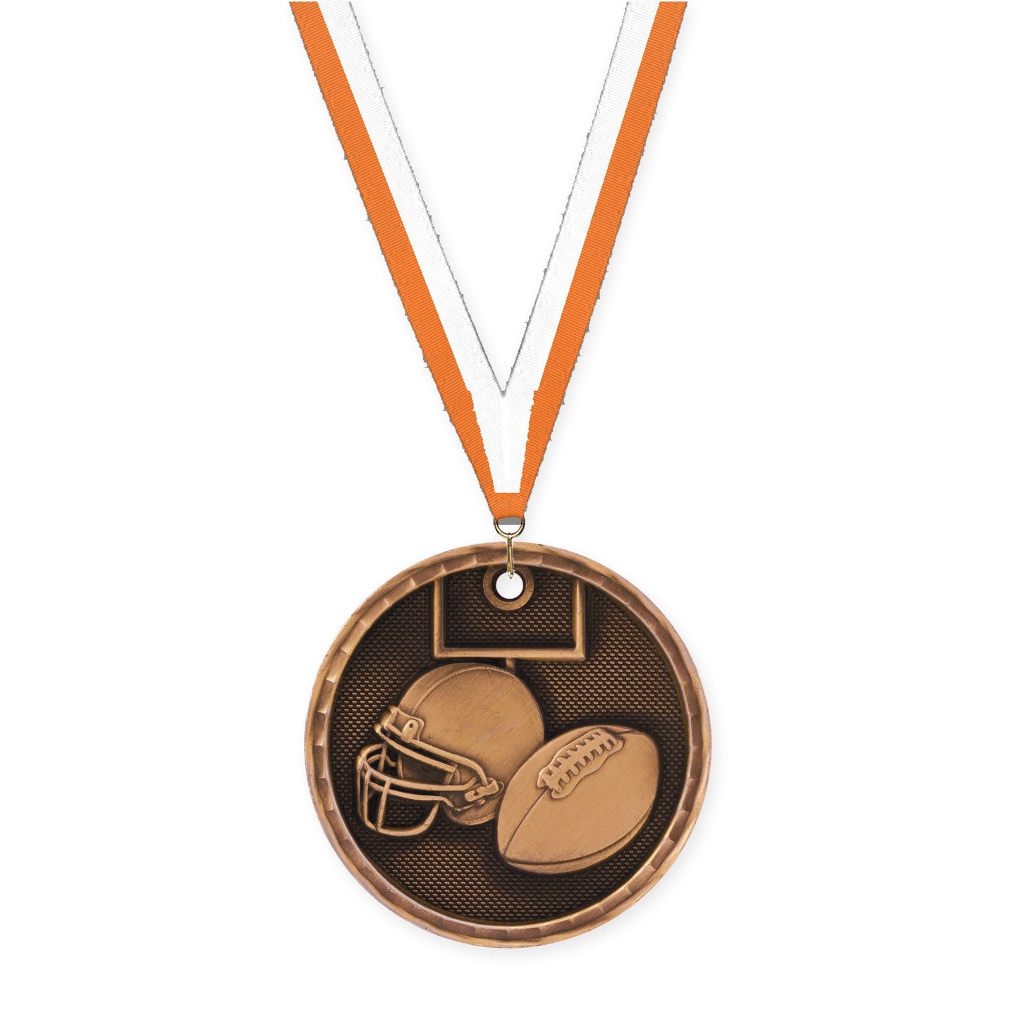 2 inch football 3-D medal in antique bronze with Orange White neck ribbon