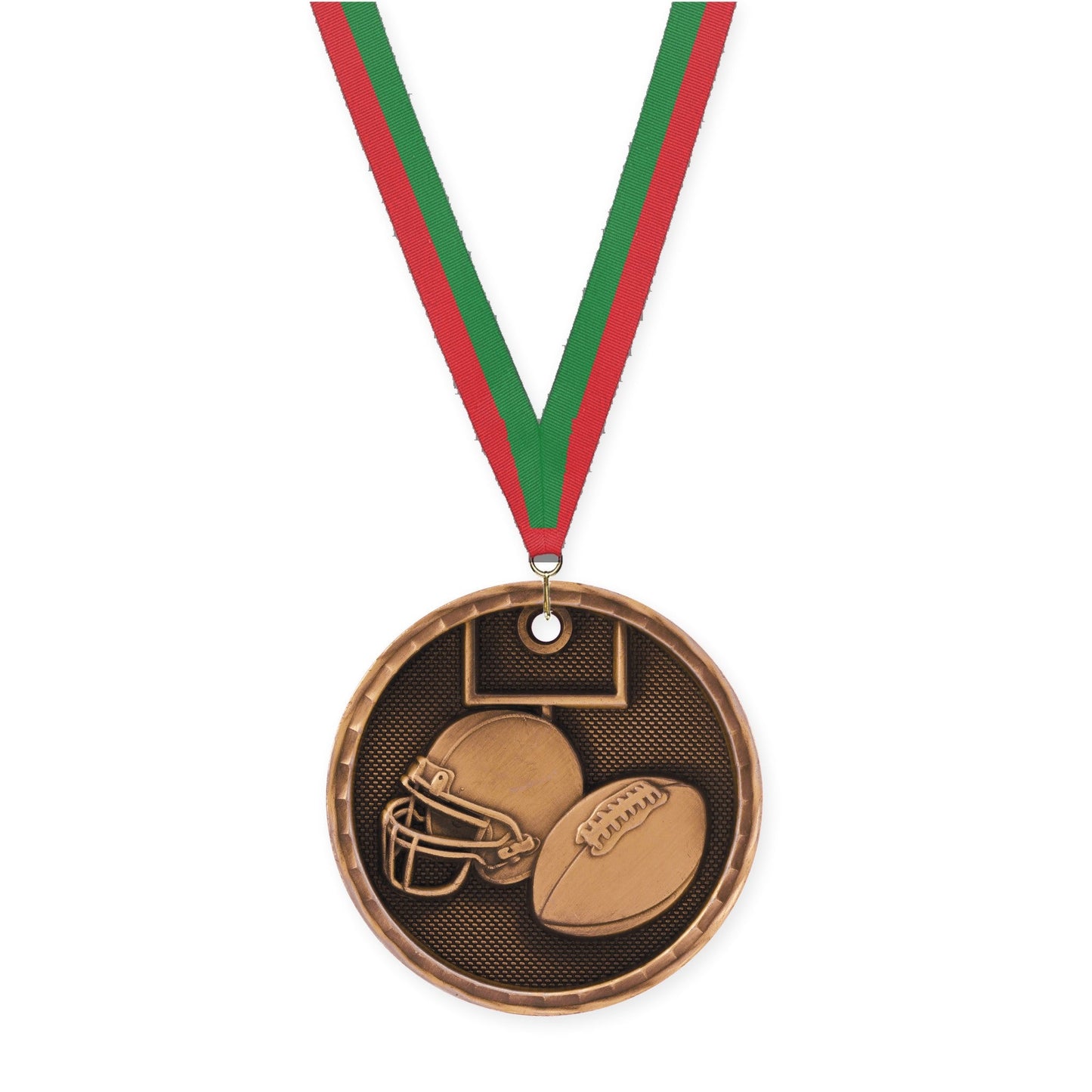 2 inch football 3-D medal in antique bronze with Red Green neck ribbon