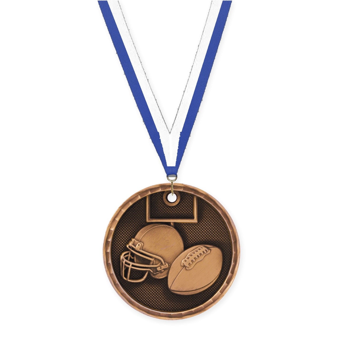 2 inch football 3-D medal in antique bronze with Blue White neck ribbon