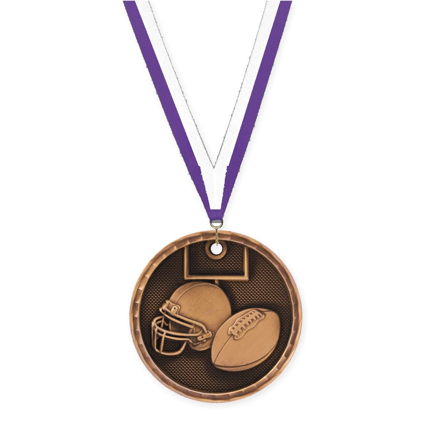 2 inch football 3-D medal in antique bronze with Purple White neck ribbon