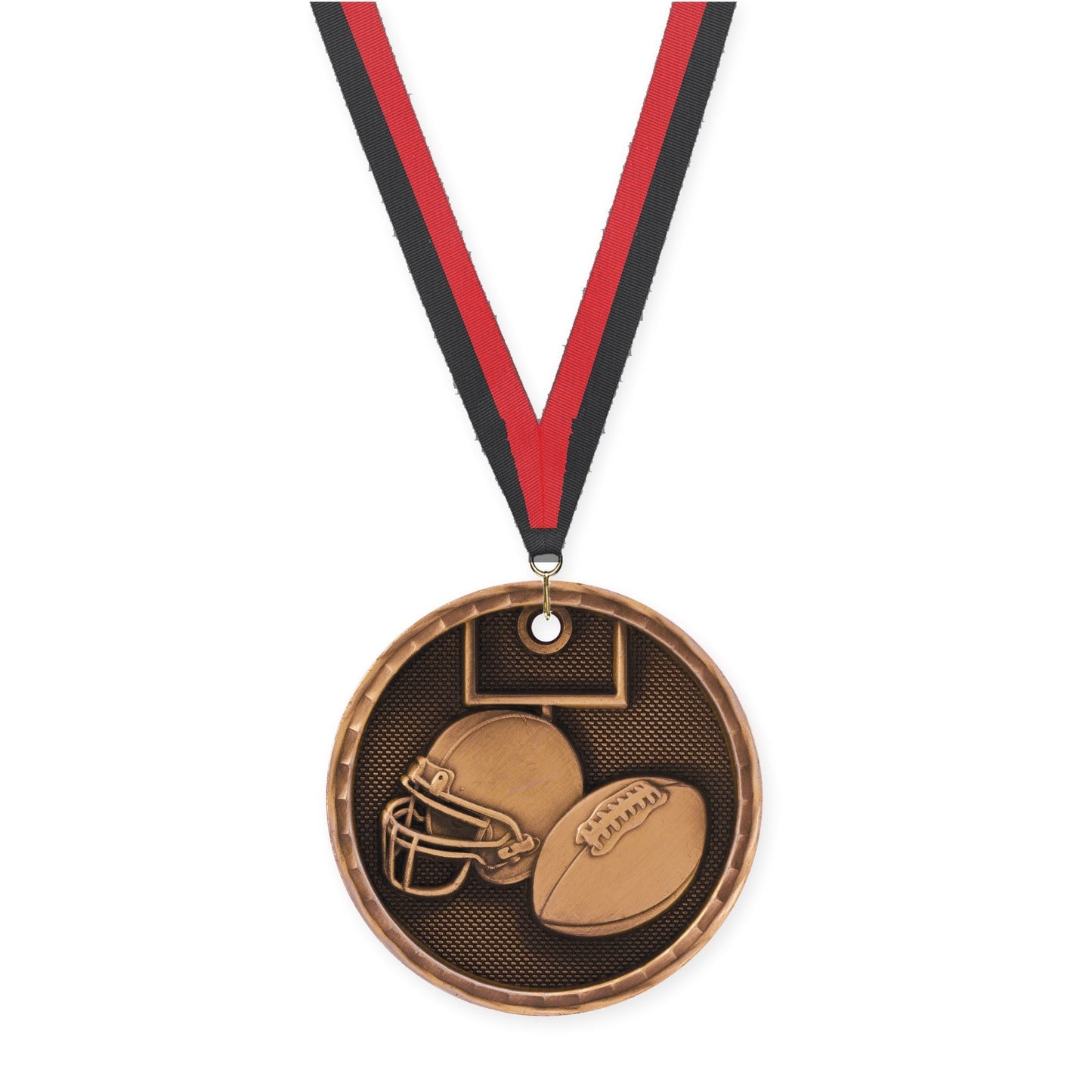 2 inch football 3-D medal in antique bronze with Black Red neck ribbon