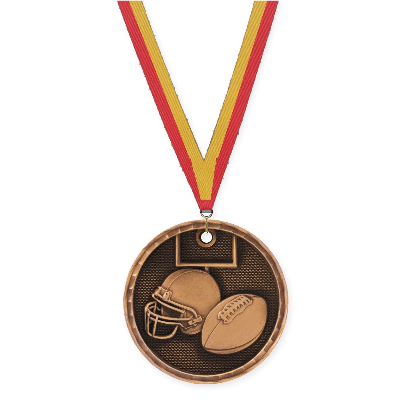 2 inch football 3-D medal in antique bronze with Red Gold neck ribbon
