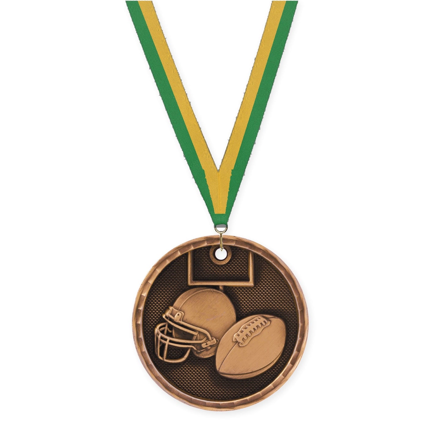 2 inch football 3-D medal in antique bronze with Green Gold neck ribbon