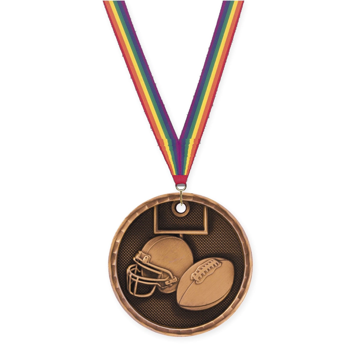 2 inch football 3-D medal in antique bronze with Rainbow neck ribbon
