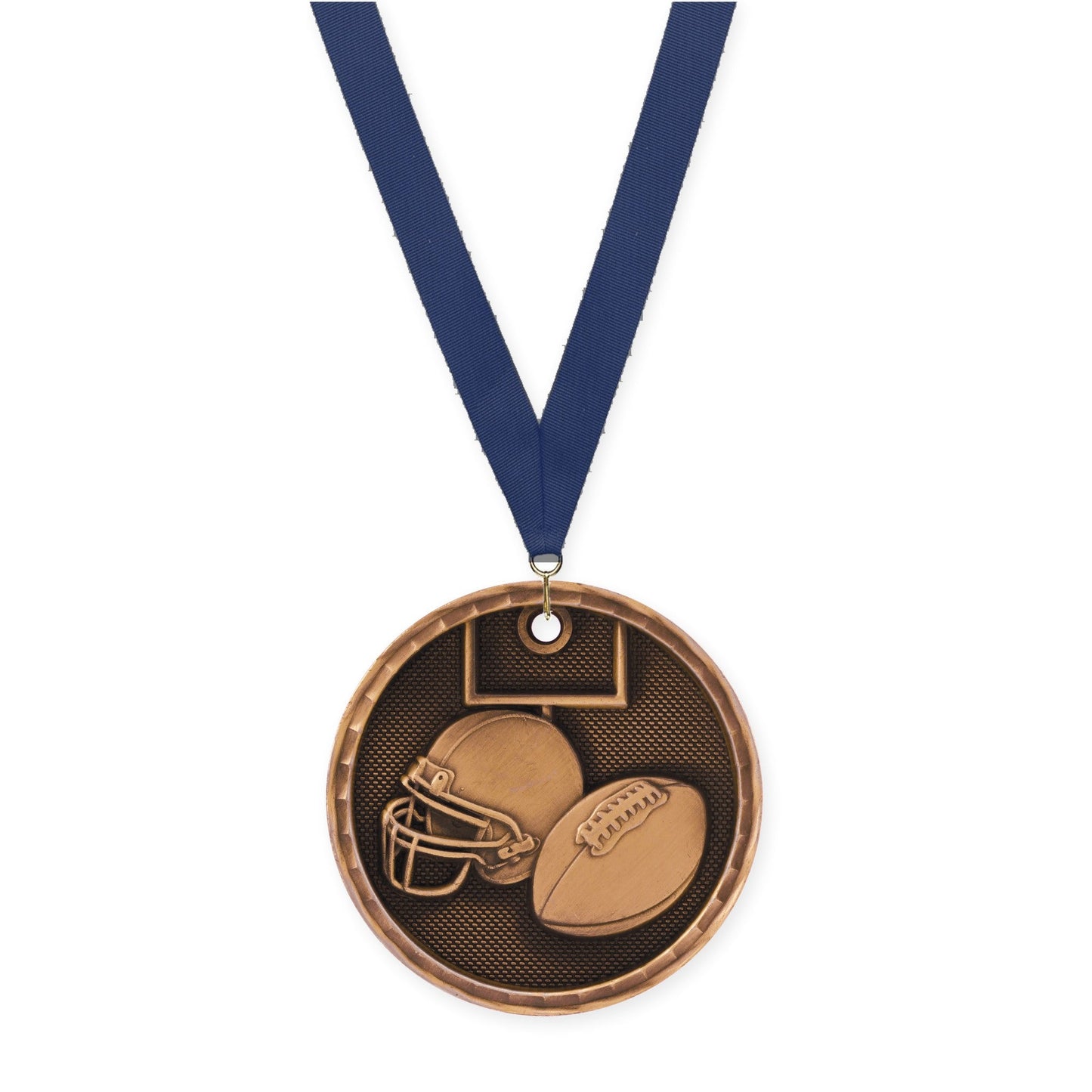 2 inch football 3-D medal in antique bronze with Navy neck ribbon