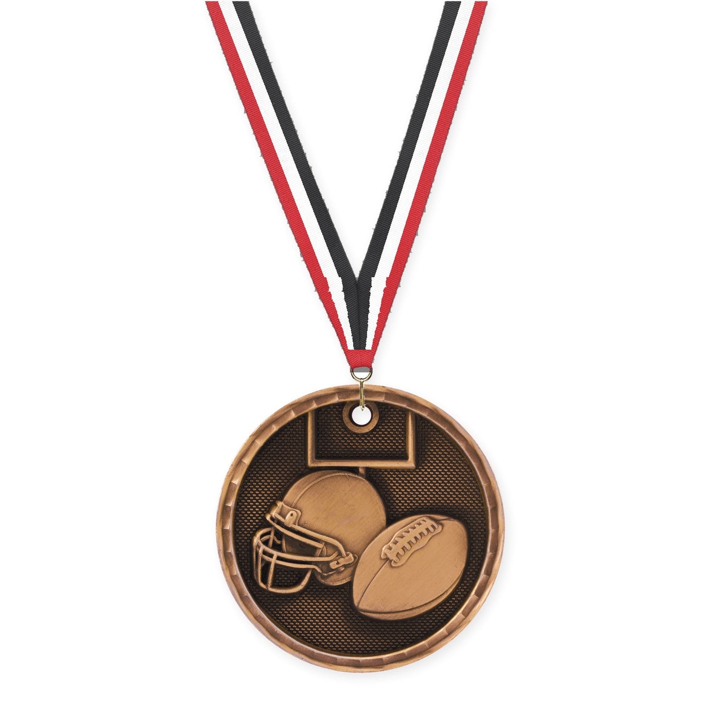 2 inch football 3-D medal in antique bronze with Red White Black neck ribbon