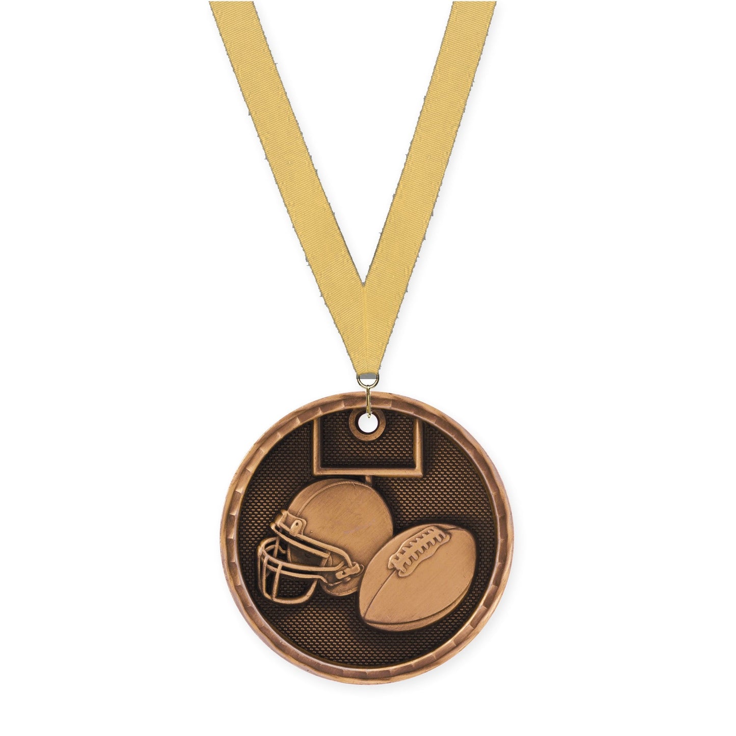 2 inch football 3-D medal in antique bronze with Gold Metallic neck ribbon
