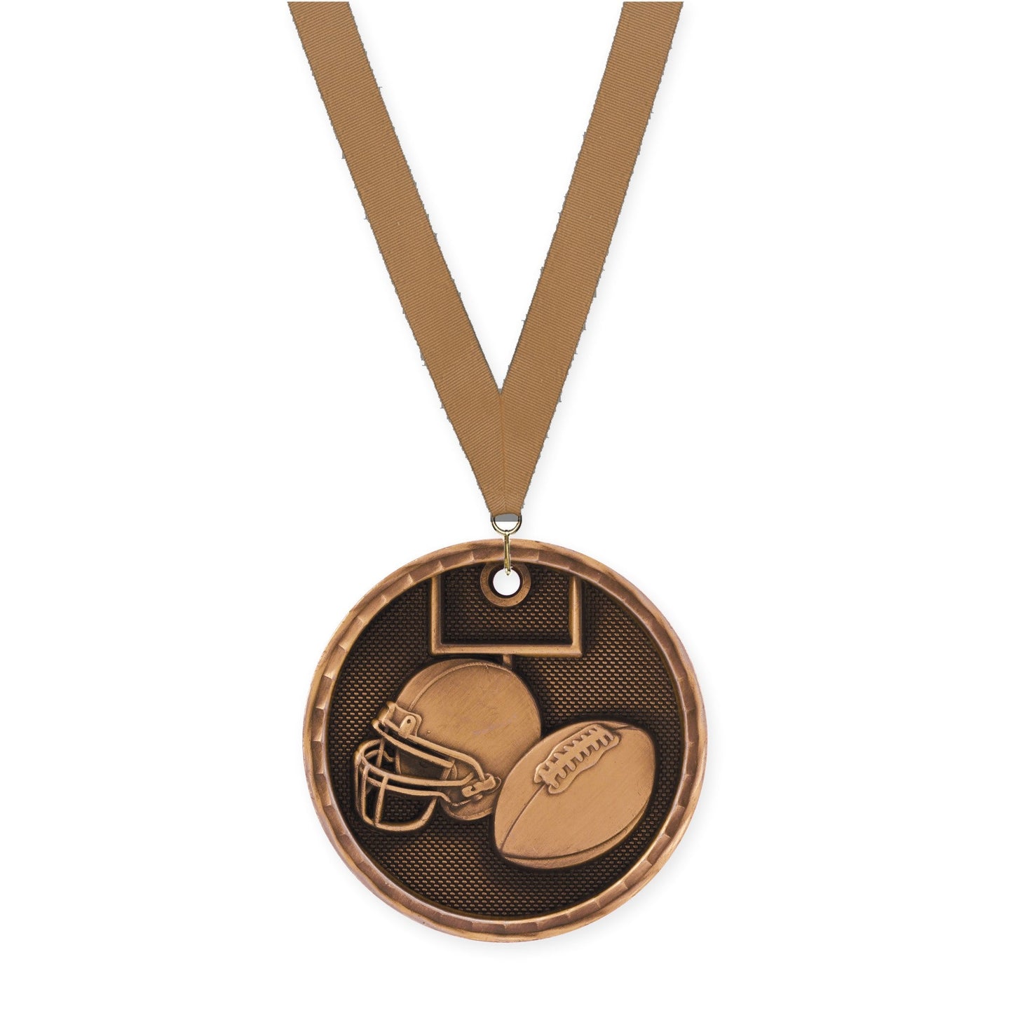 2 inch football 3-D medal in antique bronze with Bronze Metallic neck ribbon