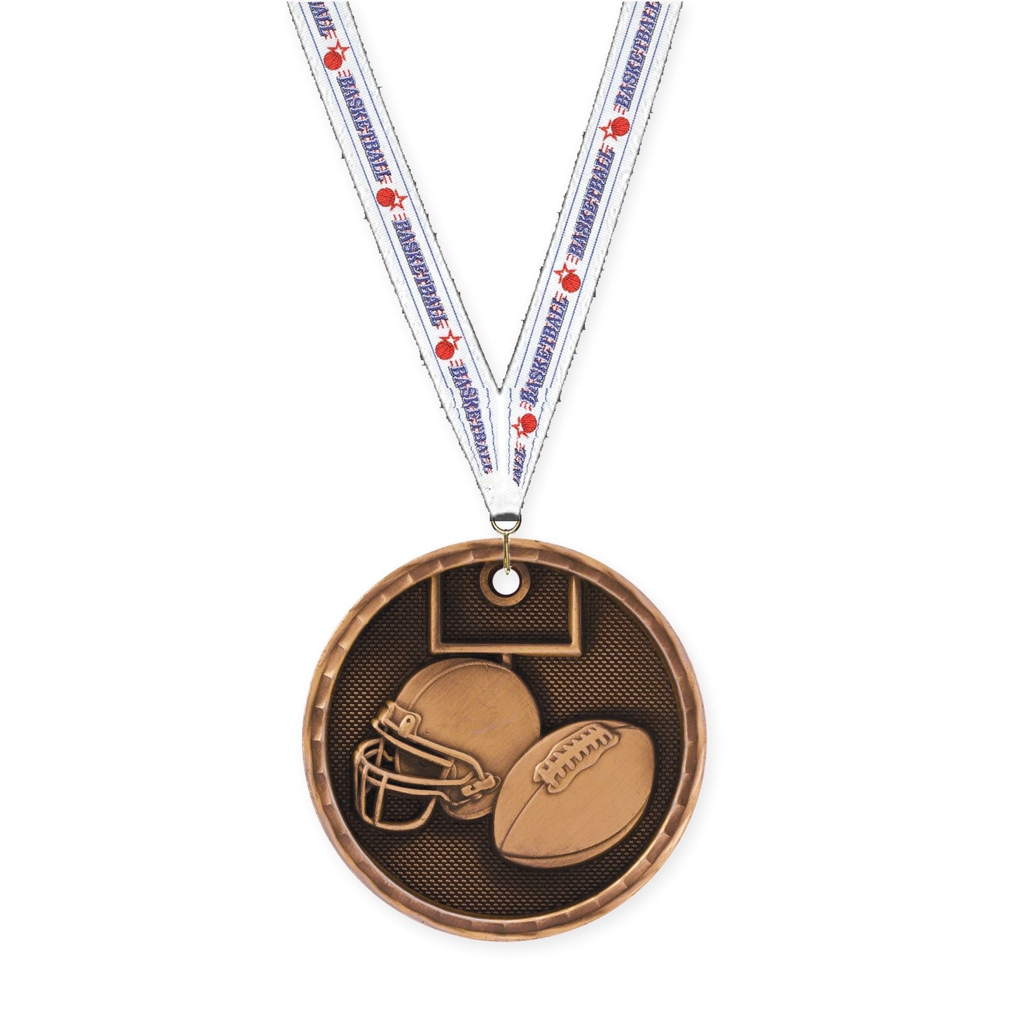 2 inch football 3-D medal in antique bronze with Basketball neck ribbon