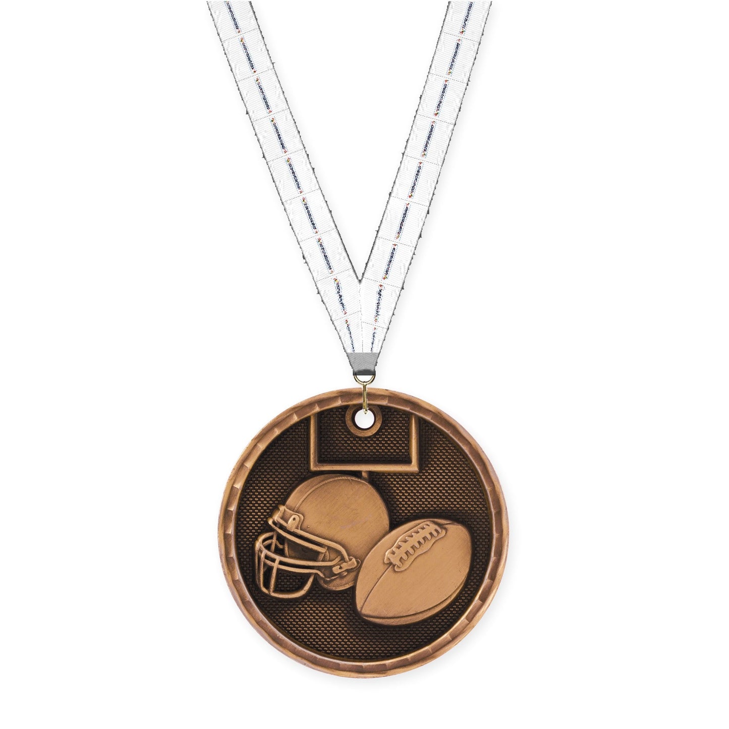 2 inch football 3-D medal in antique bronze with Lamp Of Knowledge neck ribbon