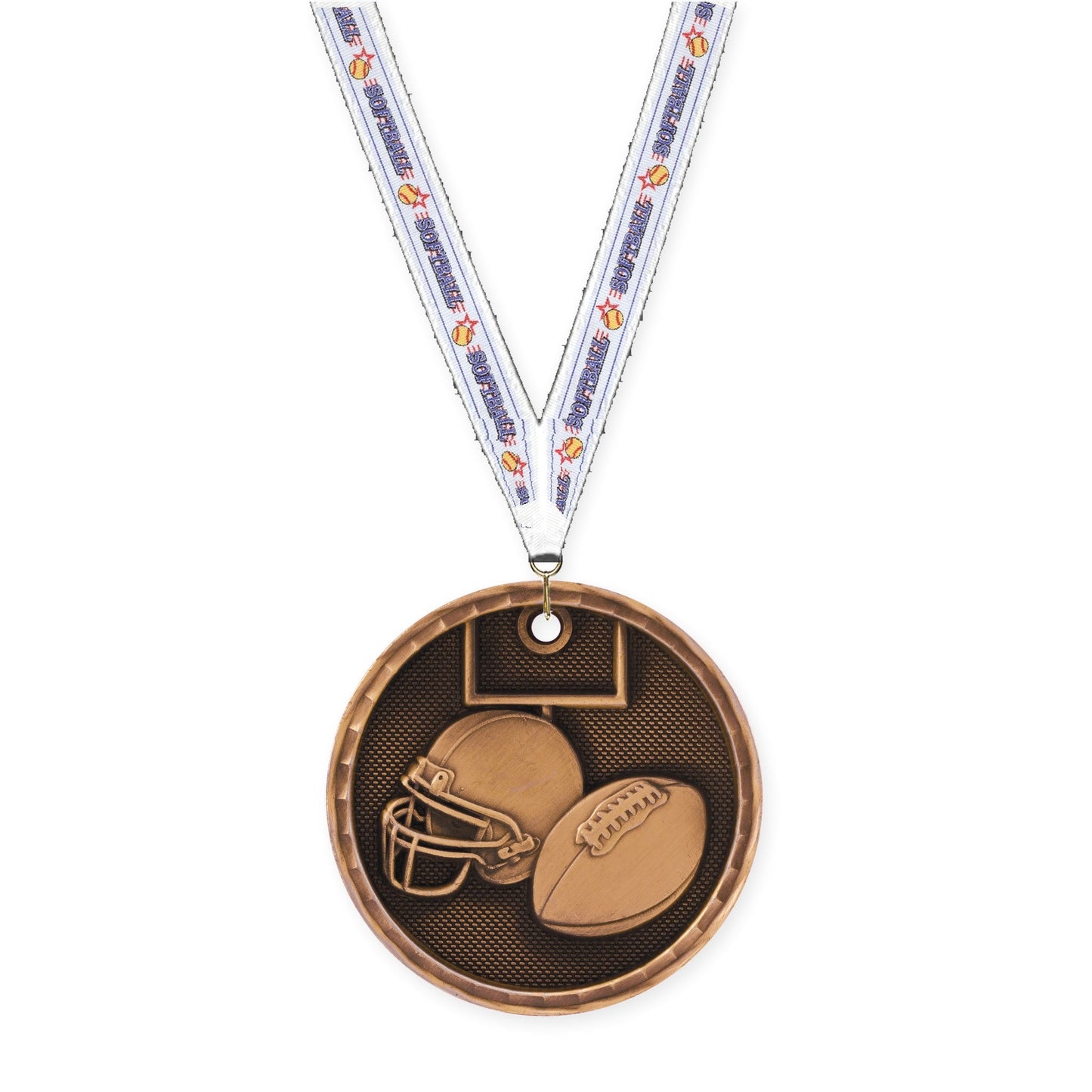 2 inch football 3-D medal in antique bronze with Softball neck ribbon