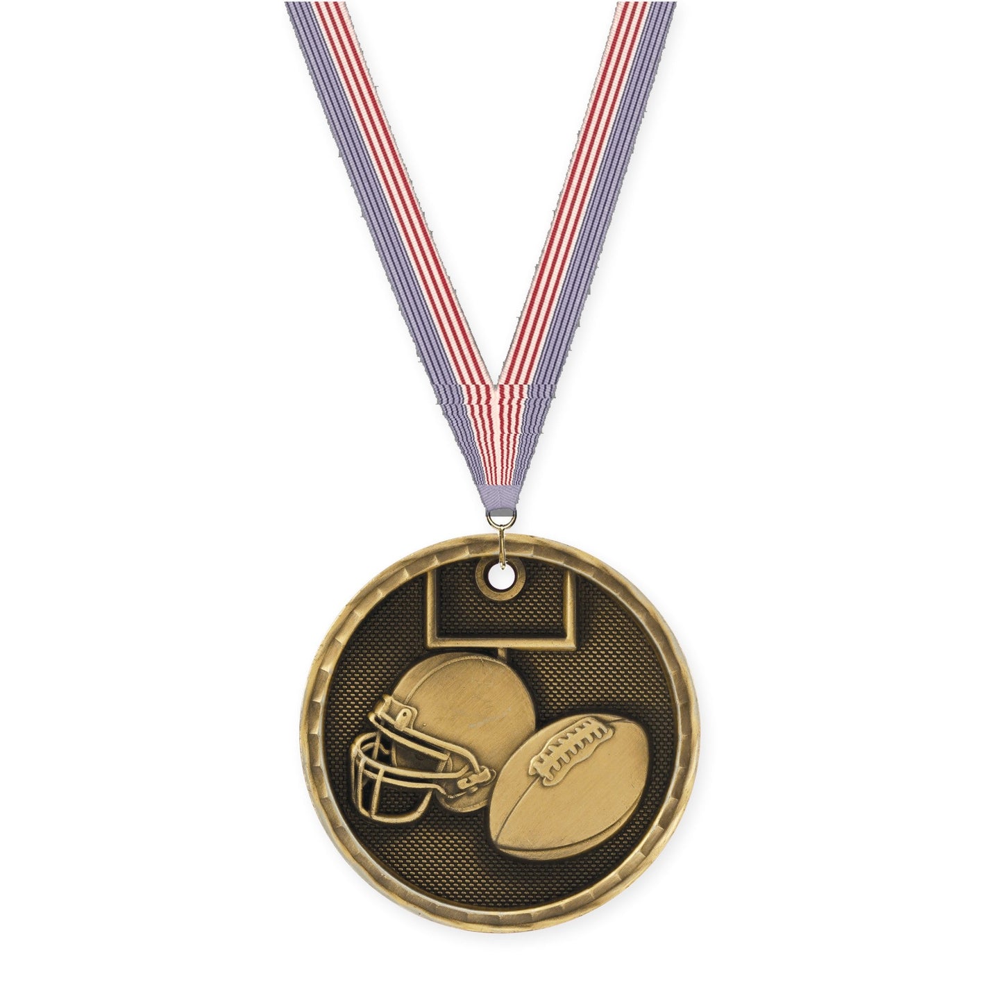 2 inch football 3-D medal in antique gold with USA Flag neck ribbon