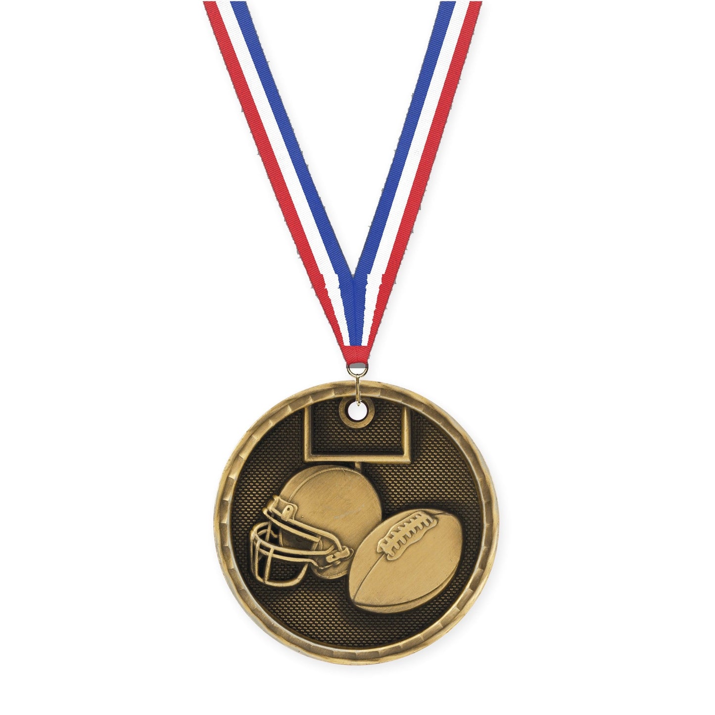 2 inch football 3-D medal in antique gold with Red White Blue neck ribbon