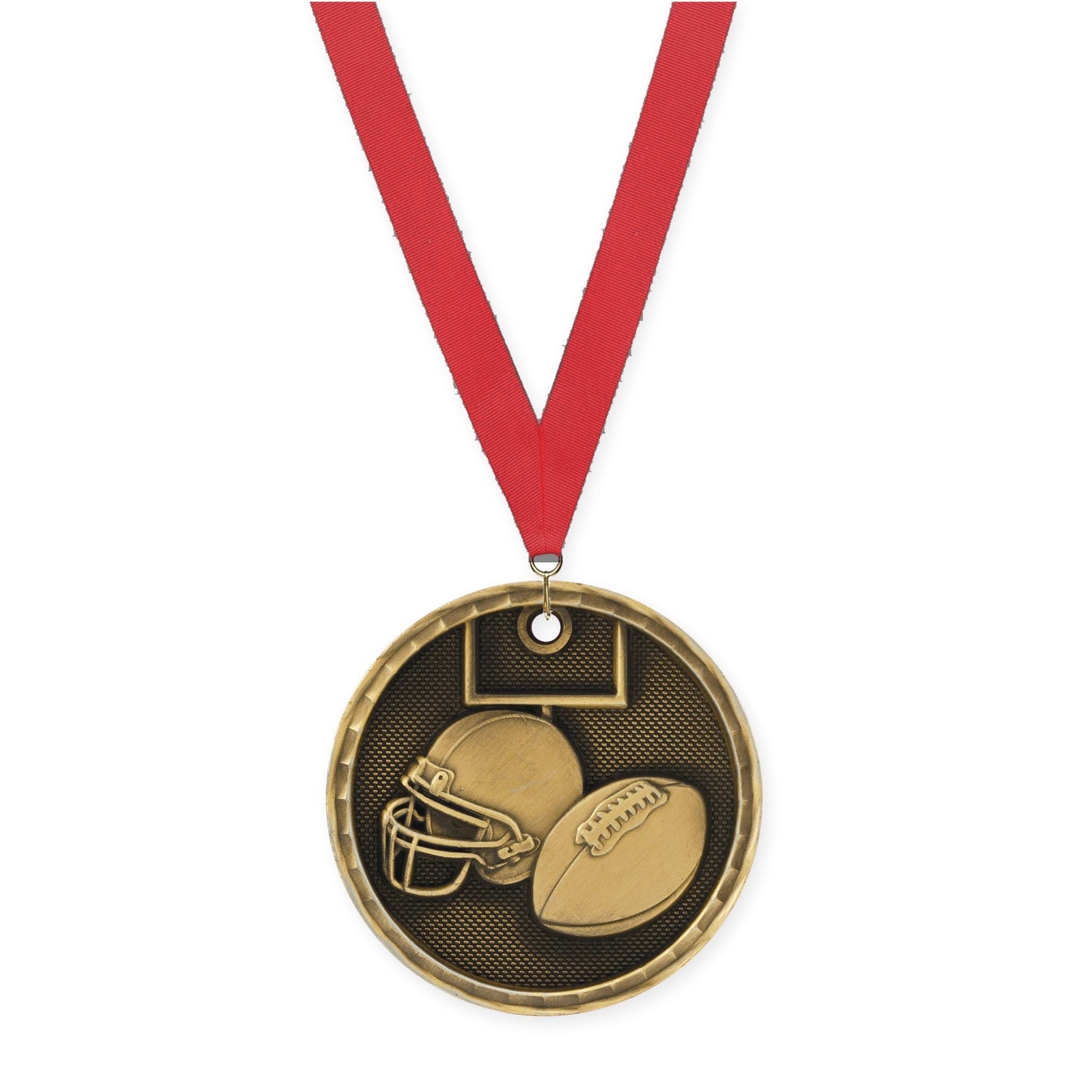 2 inch football 3-D medal in antique gold with Red neck ribbon