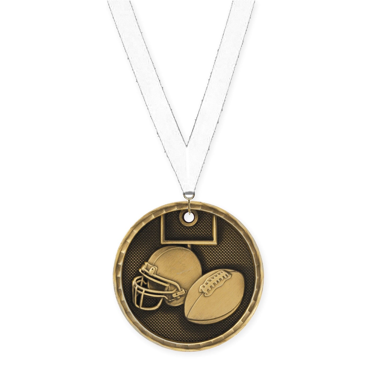 2 inch football 3-D medal in antique gold with White neck ribbon