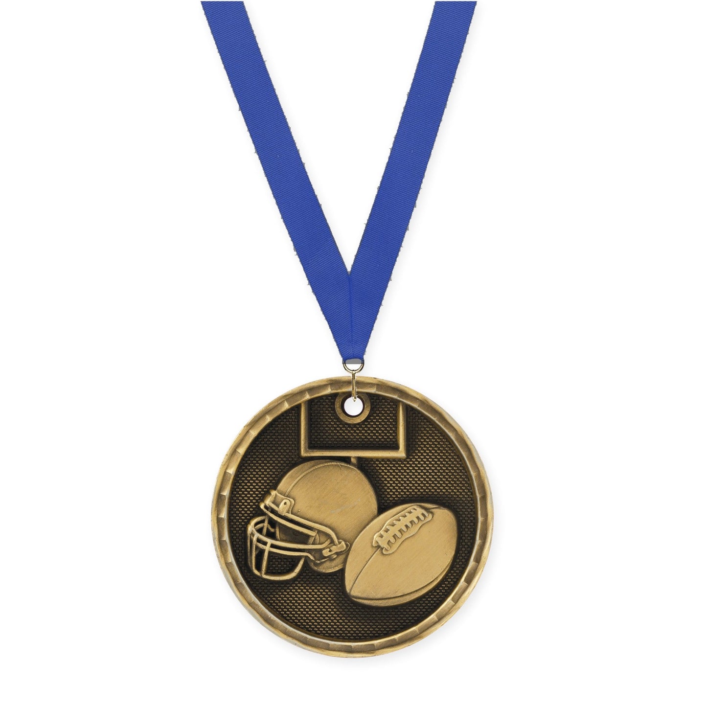 2 inch football 3-D medal in antique gold with Blue neck ribbon