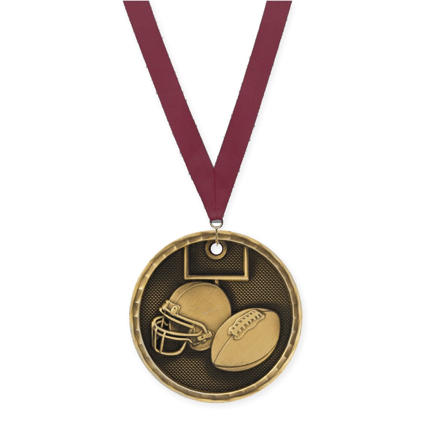2 inch football 3-D medal in antique gold with Maroon neck ribbon