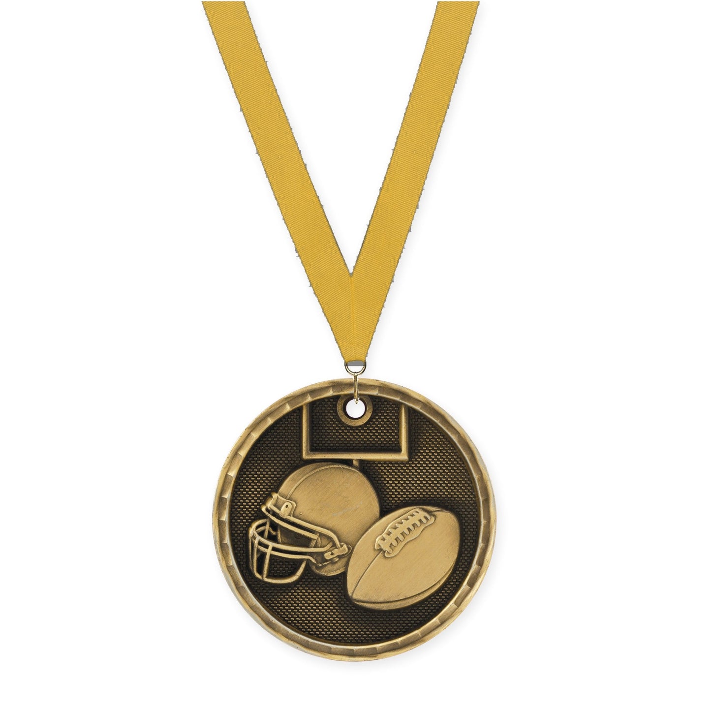 2 inch football 3-D medal in antique gold with Gold neck ribbon