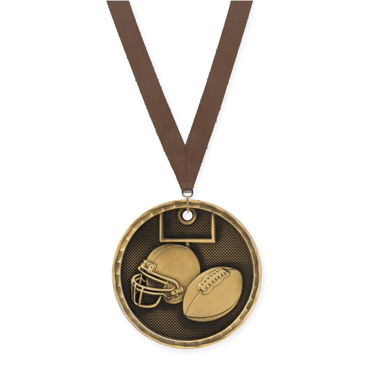 2 inch football 3-D medal in antique gold with Brown neck ribbon