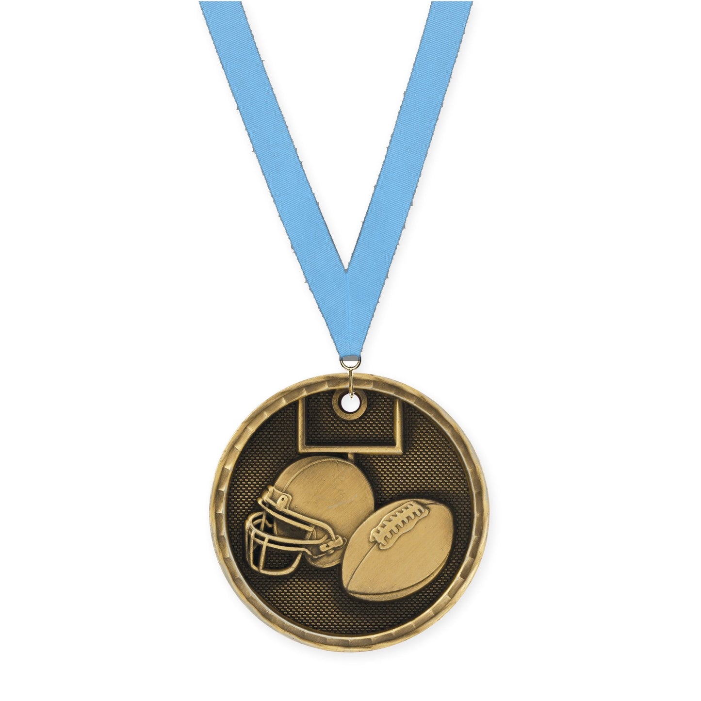 2 inch football 3-D medal in antique gold with Light Blue neck ribbon