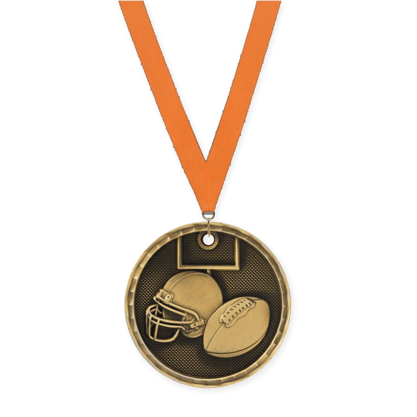 2 inch football 3-D medal in antique gold with Orange neck ribbon