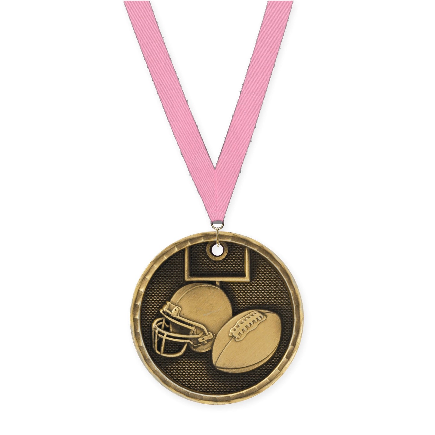 2 inch football 3-D medal in antique gold with Pink neck ribbon