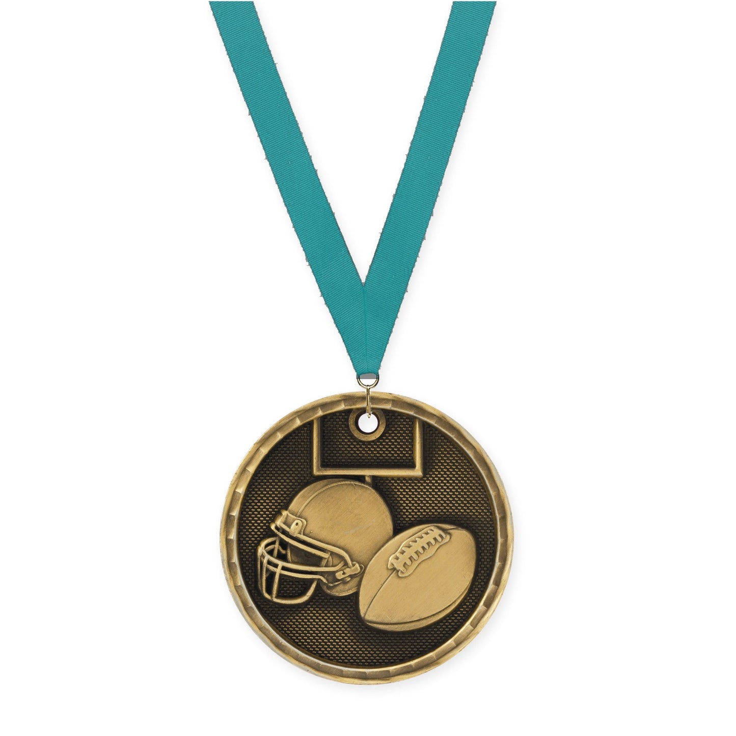 2 inch football 3-D medal in antique gold with Teal neck ribbon