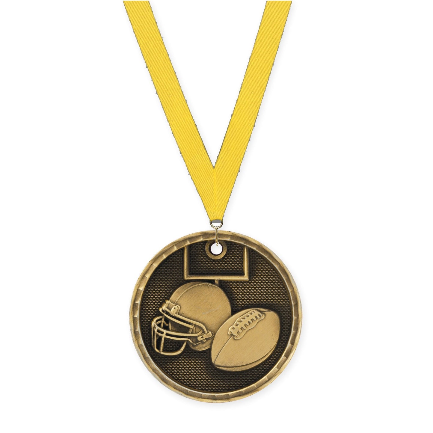 2 inch football 3-D medal in antique gold with Yellow neck ribbon