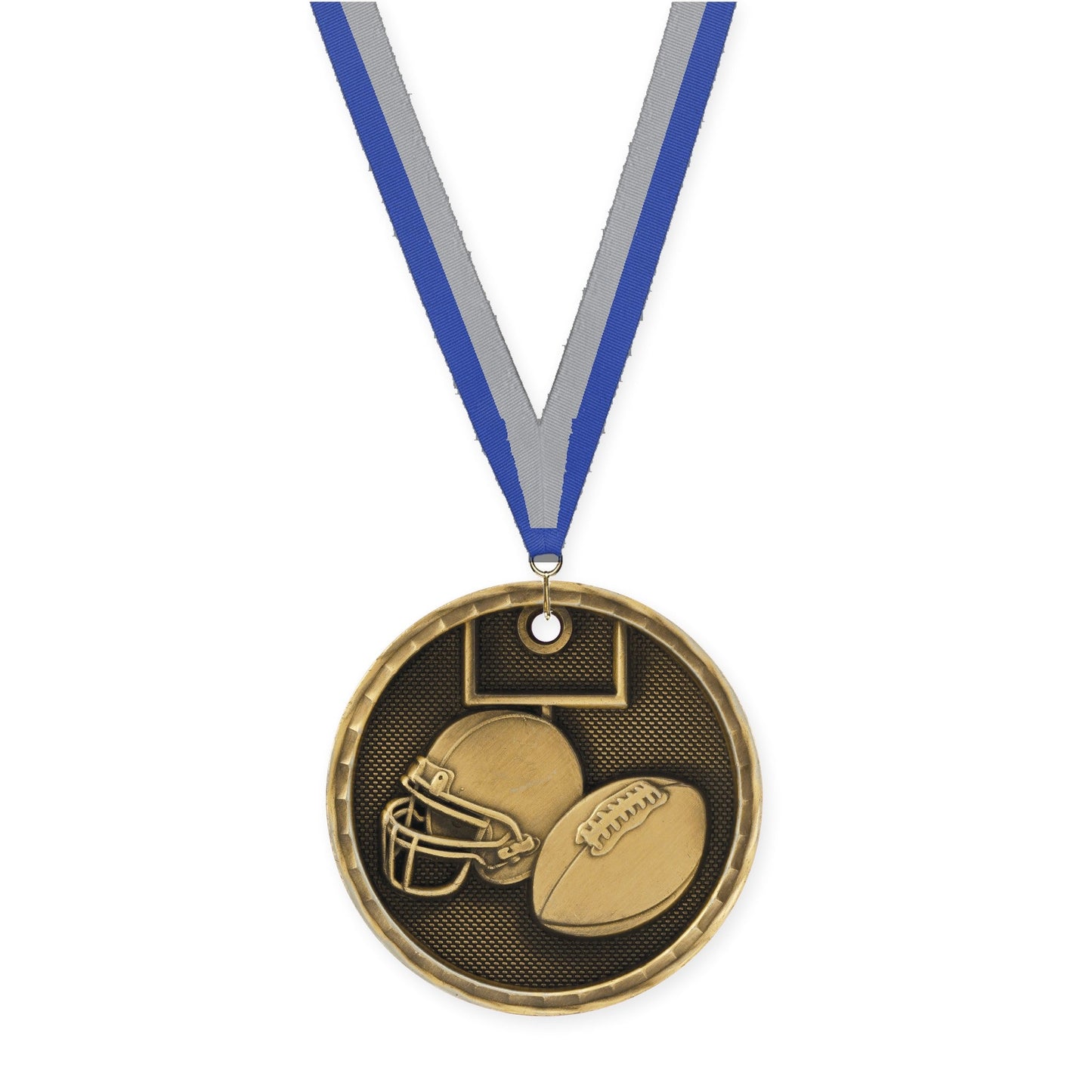 2 inch football 3-D medal in antique gold with Blue Gray neck ribbon
