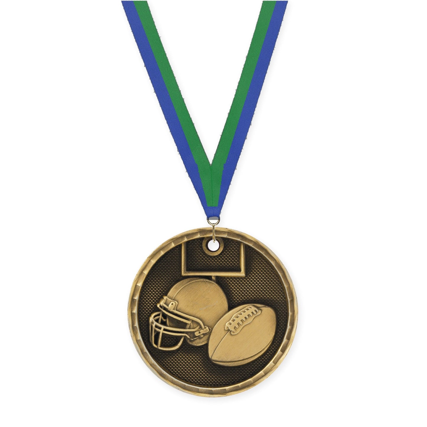 2 inch football 3-D medal in antique gold with Blue Green neck ribbon