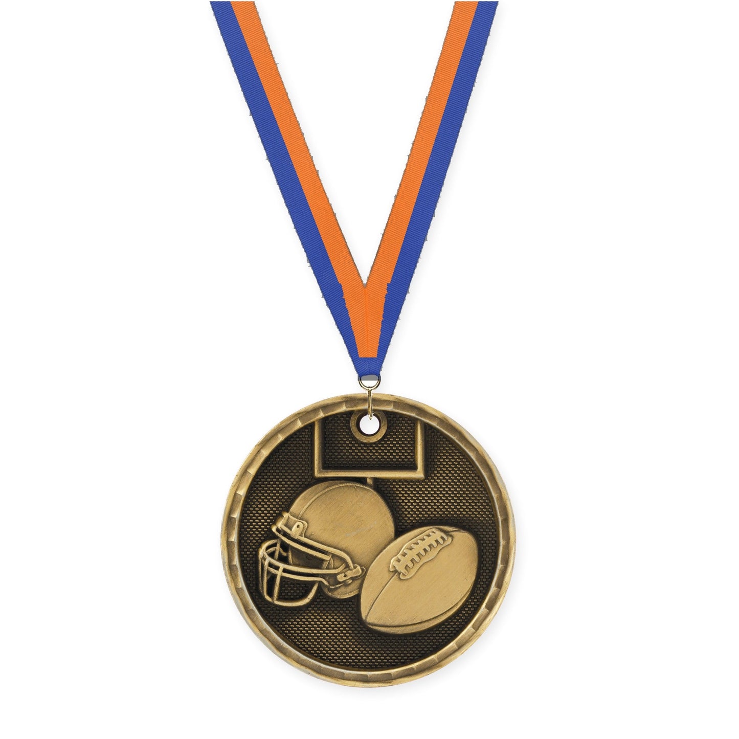2 inch football 3-D medal in antique gold with Blue Orange neck ribbon