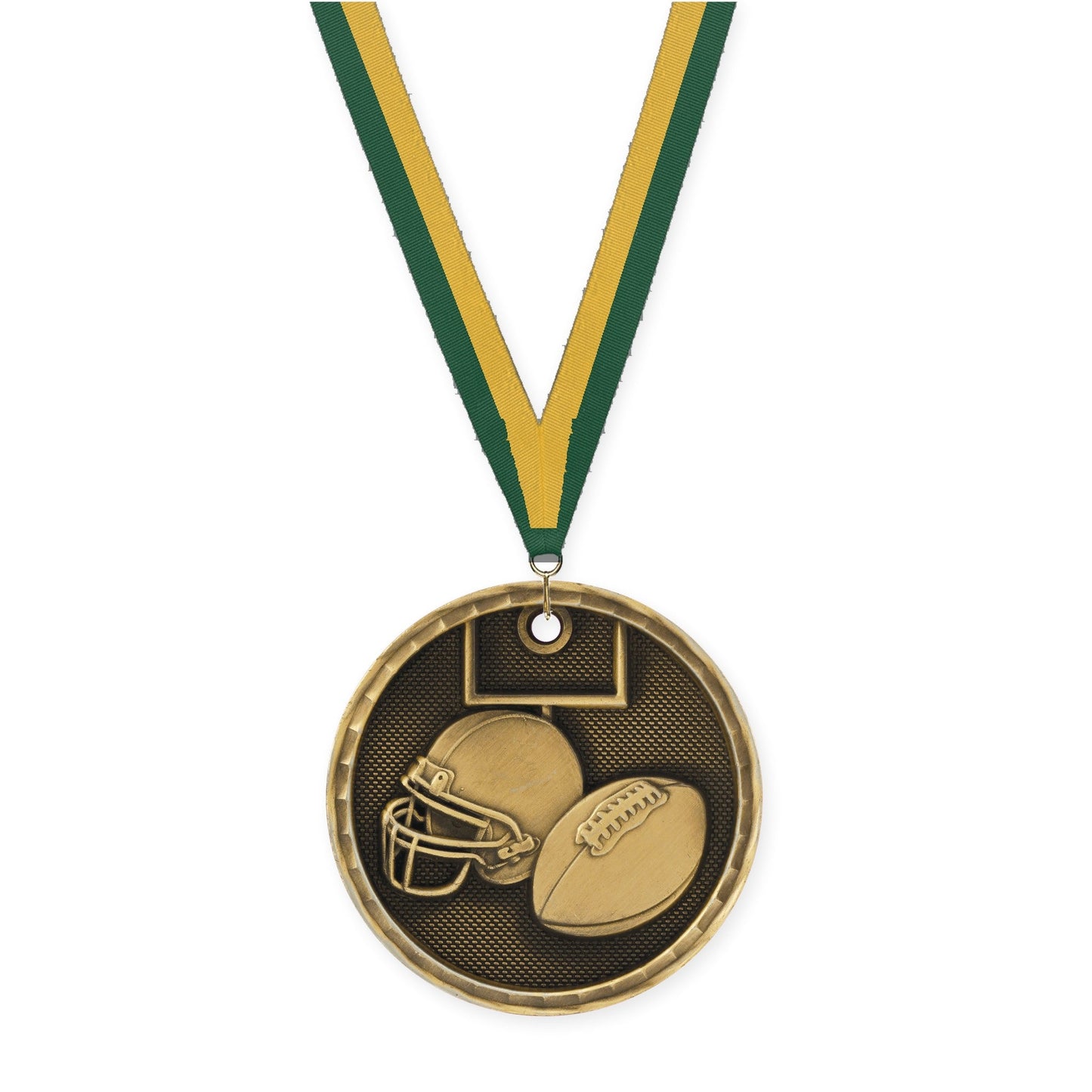 2 inch football 3-D medal in antique gold with Hunter Green Gold neck ribbon
