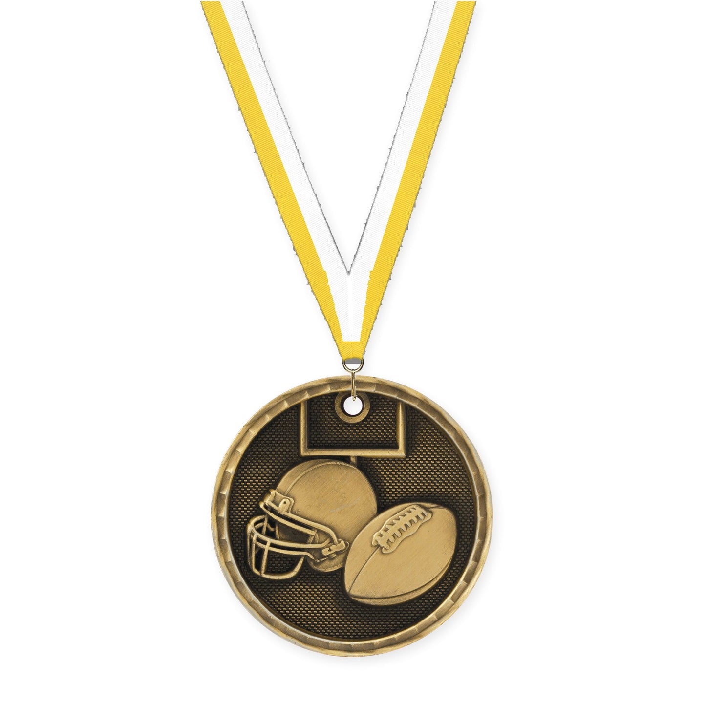 2 inch football 3-D medal in antique gold with Yellow White neck ribbon