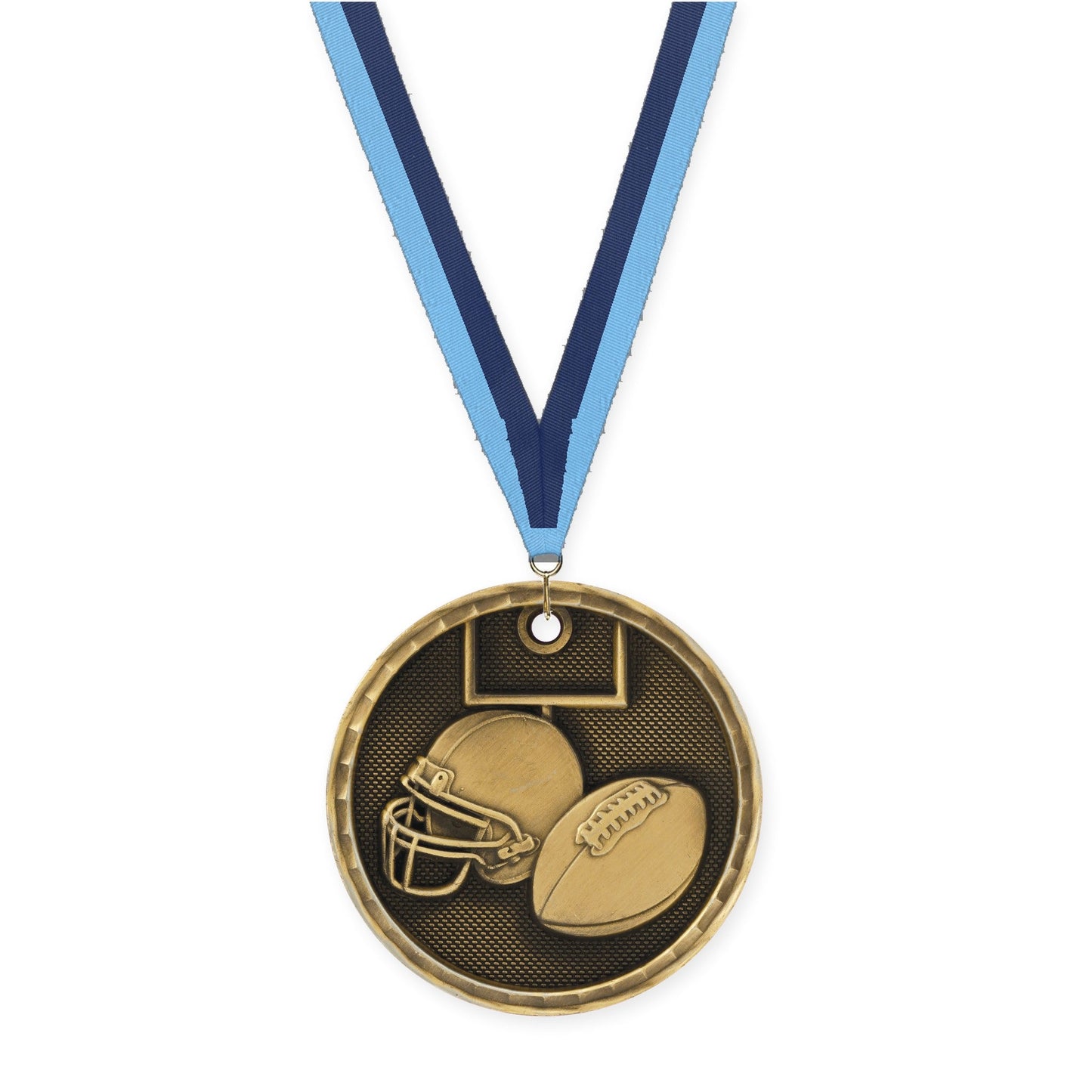 2 inch football 3-D medal in antique gold with Light Blue Navy neck ribbon