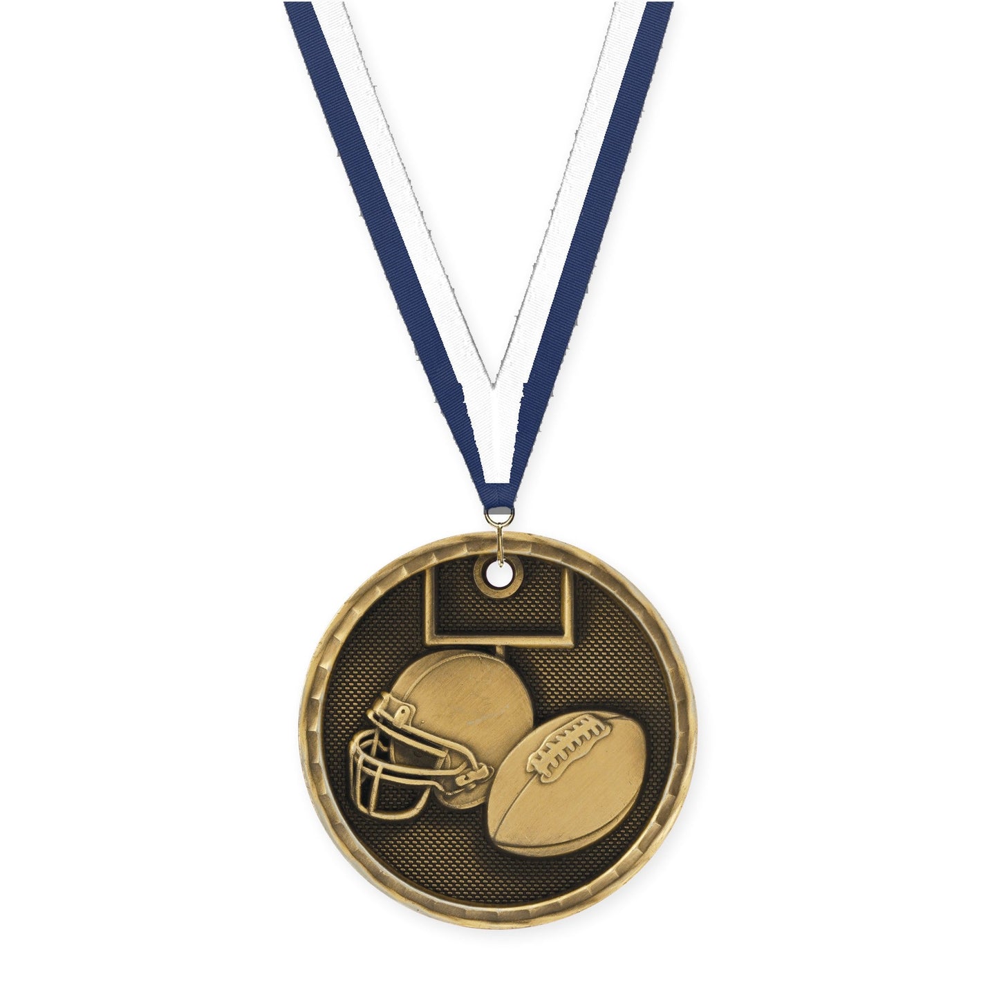2 inch football 3-D medal in antique gold with Navy White neck ribbon