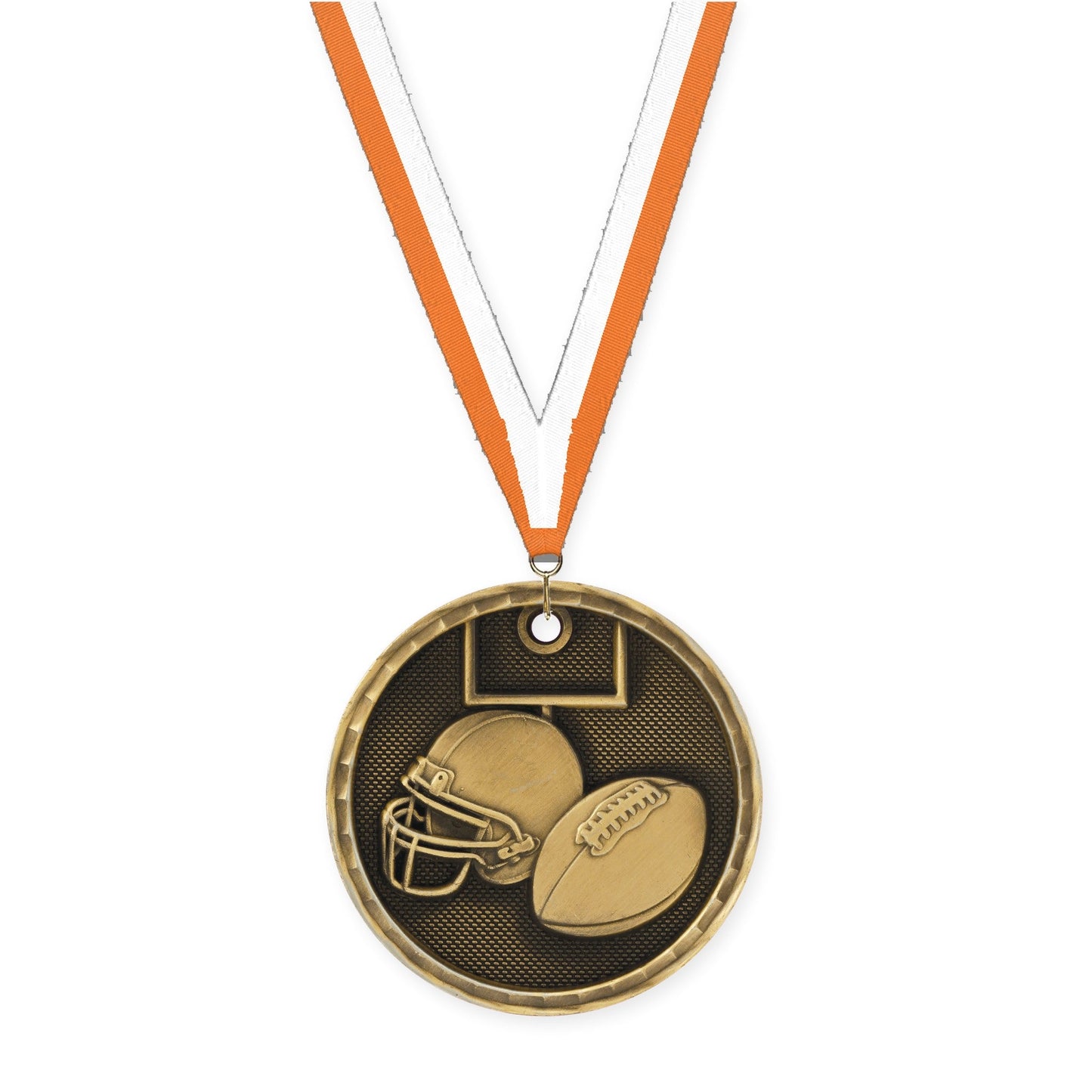 2 inch football 3-D medal in antique gold with Orange White neck ribbon
