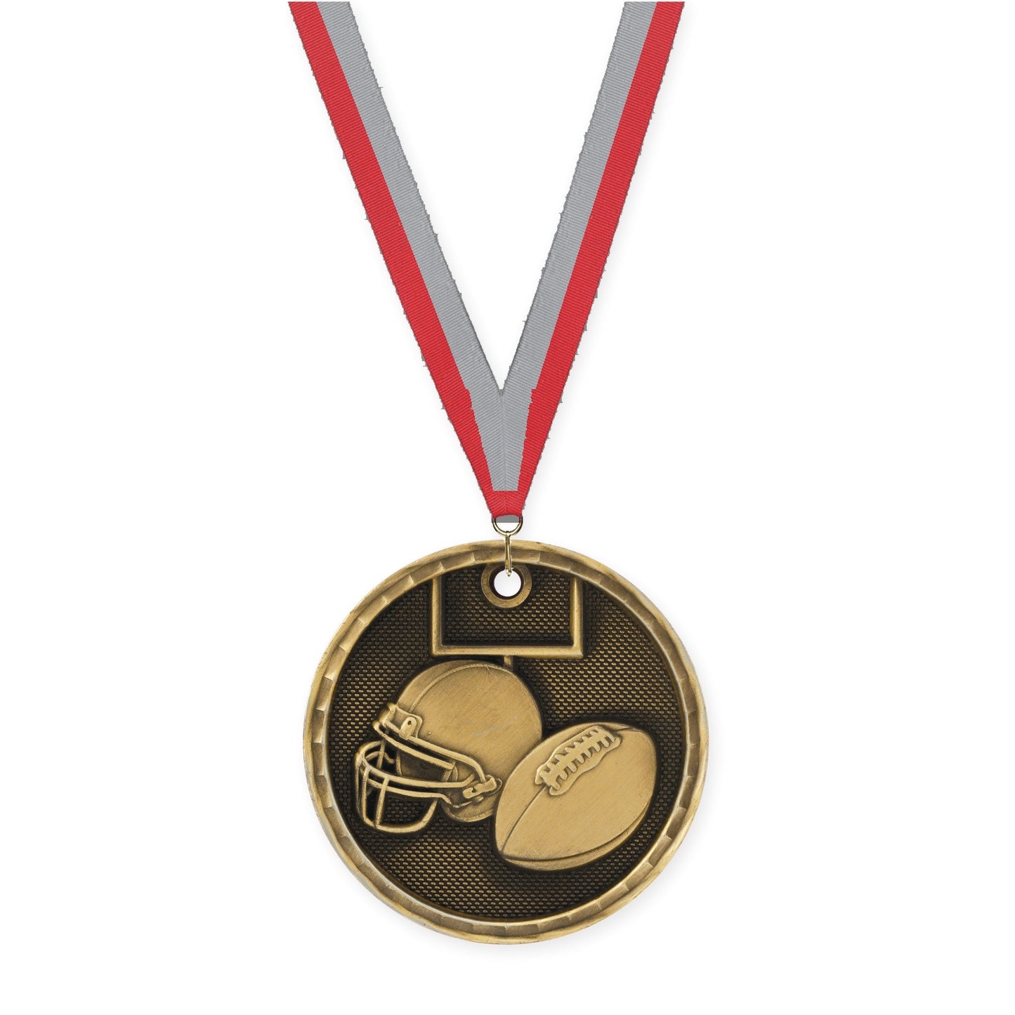2 inch football 3-D medal in antique gold with Red Gray neck ribbon