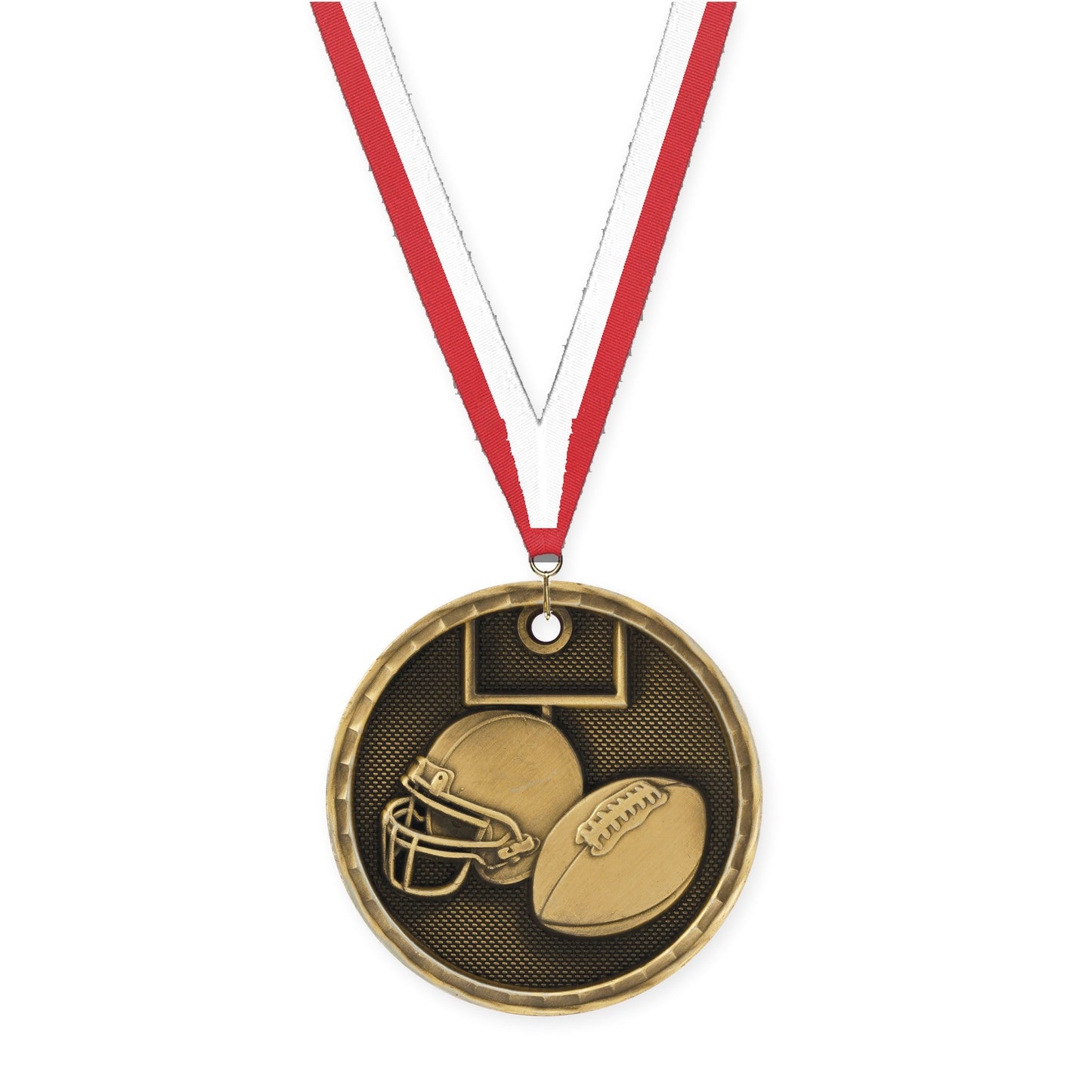 2 inch football 3-D medal in antique gold with Red White neck ribbon