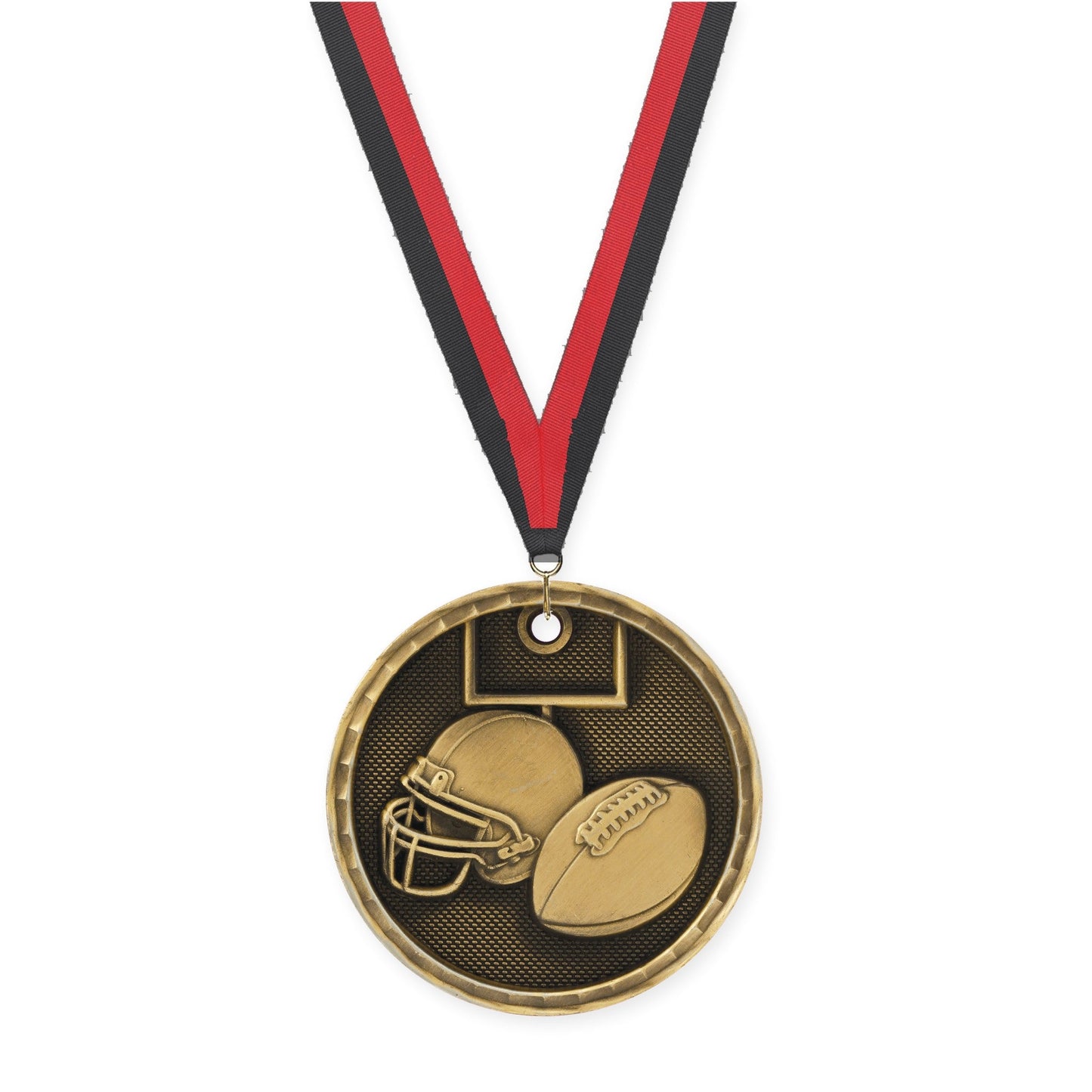 2 inch football 3-D medal in antique gold with Black Red neck ribbon