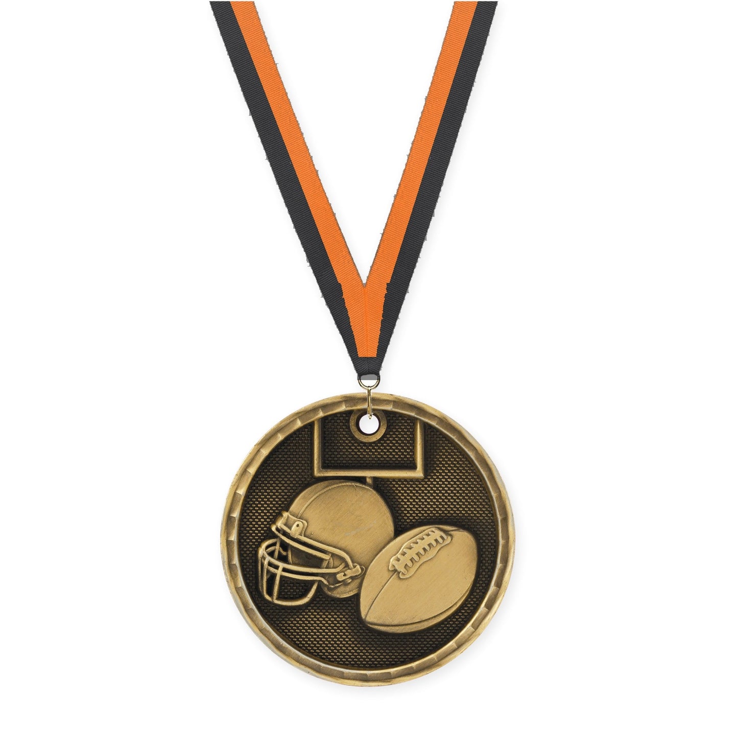2 inch football 3-D medal in antique gold with Black Orange neck ribbon