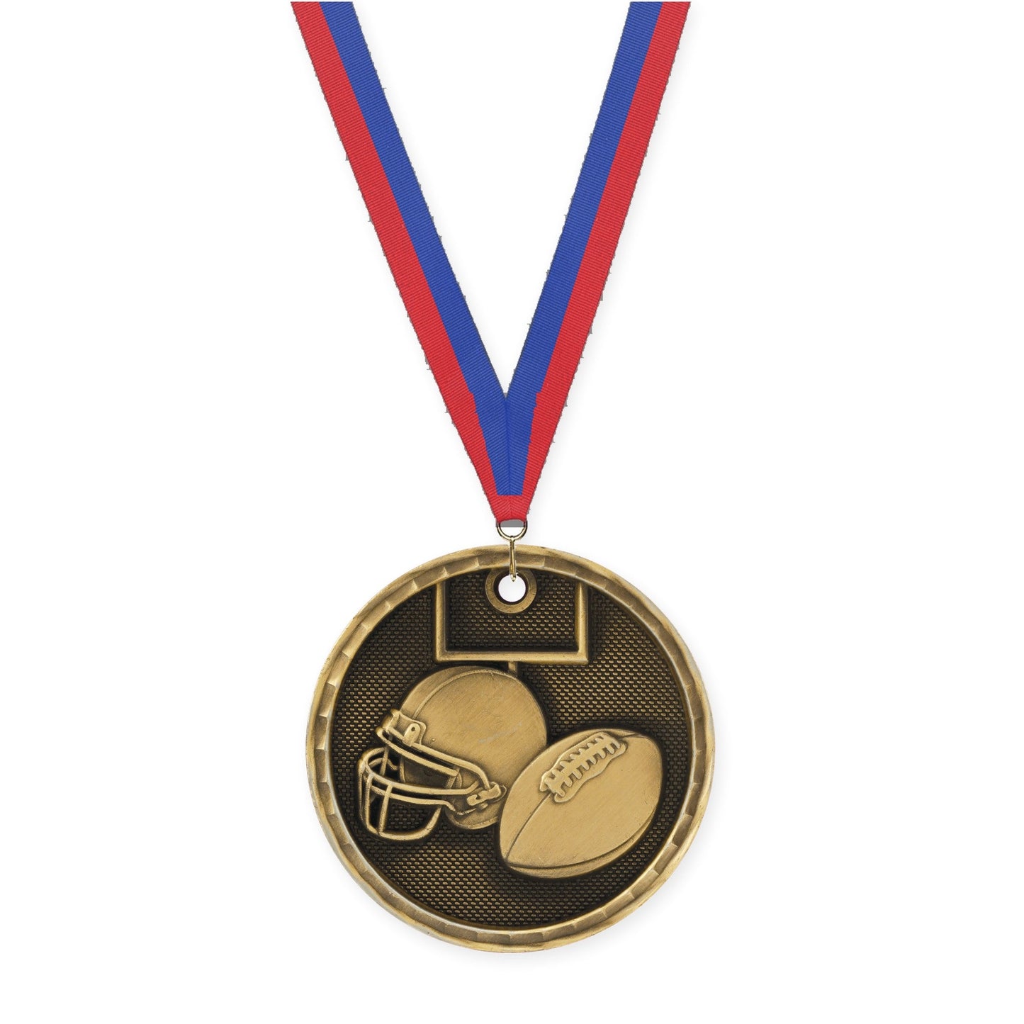 2 inch football 3-D medal in antique gold with Blue Red neck ribbon
