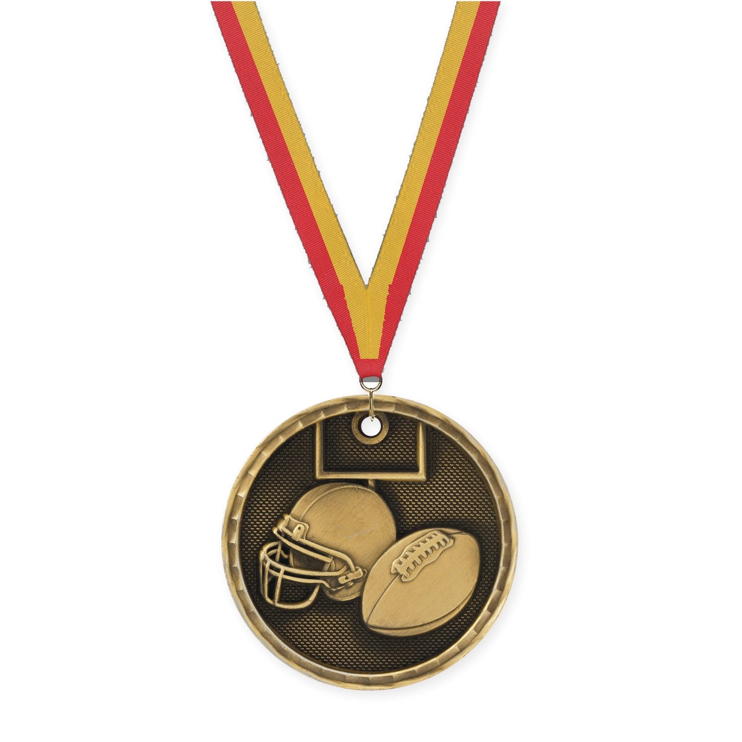 2 inch football 3-D medal in antique gold with Red Gold neck ribbon