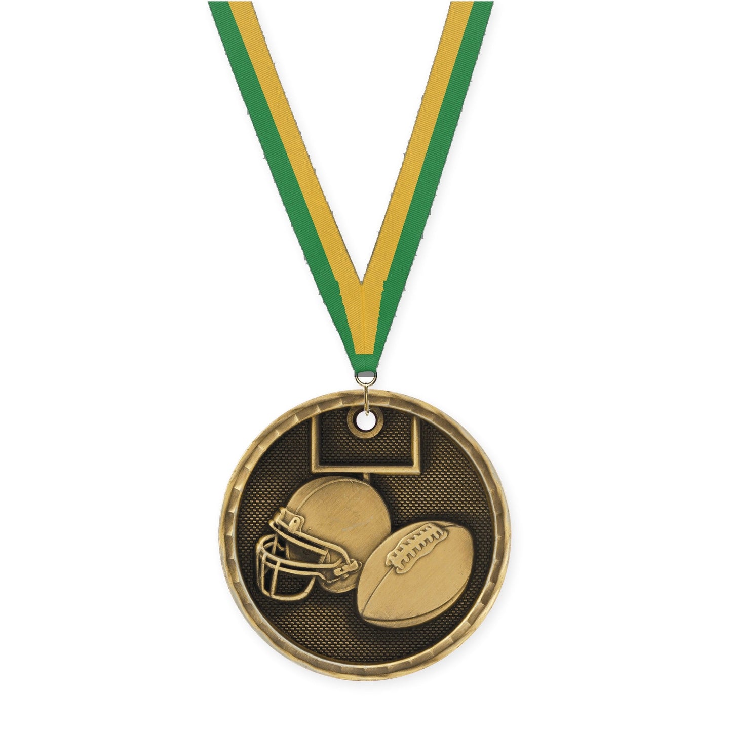 2 inch football 3-D medal in antique gold with Green Gold neck ribbon