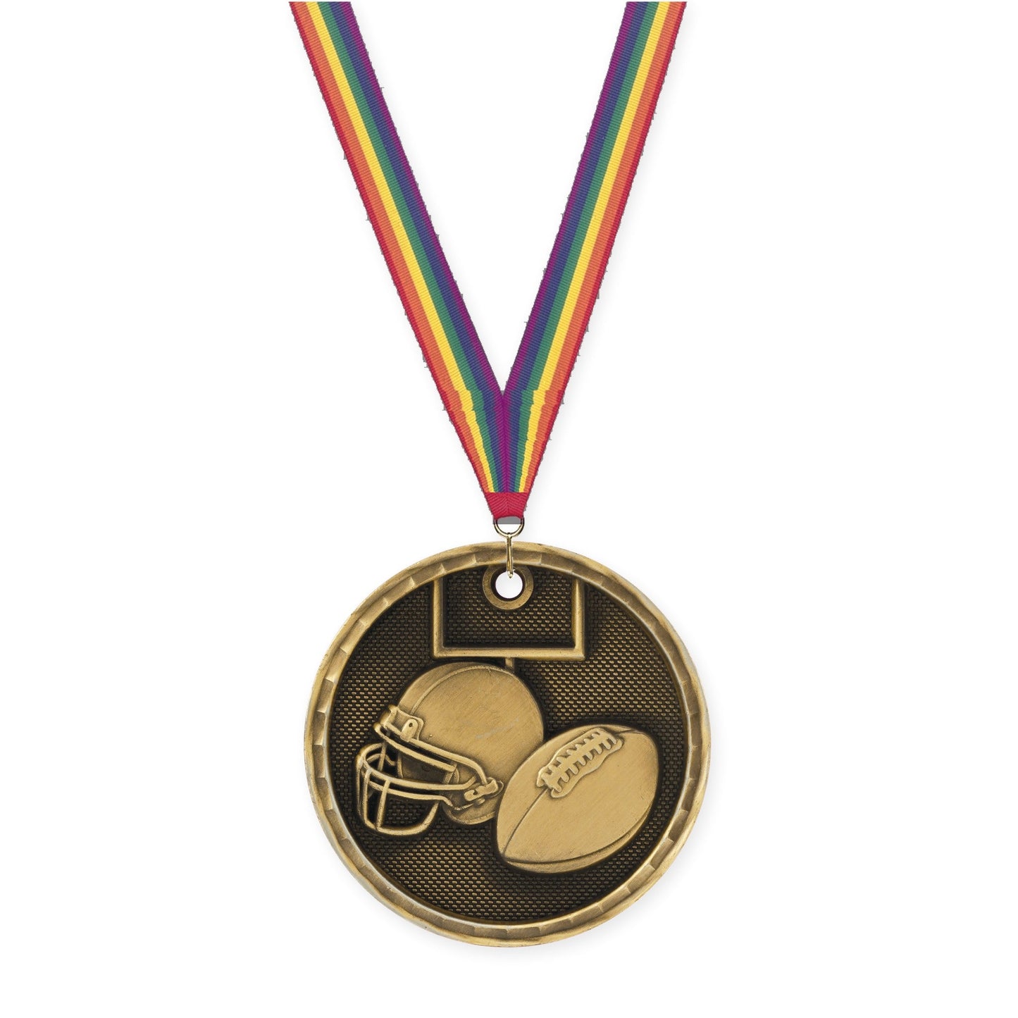 2 inch football 3-D medal in antique gold with Rainbow neck ribbon