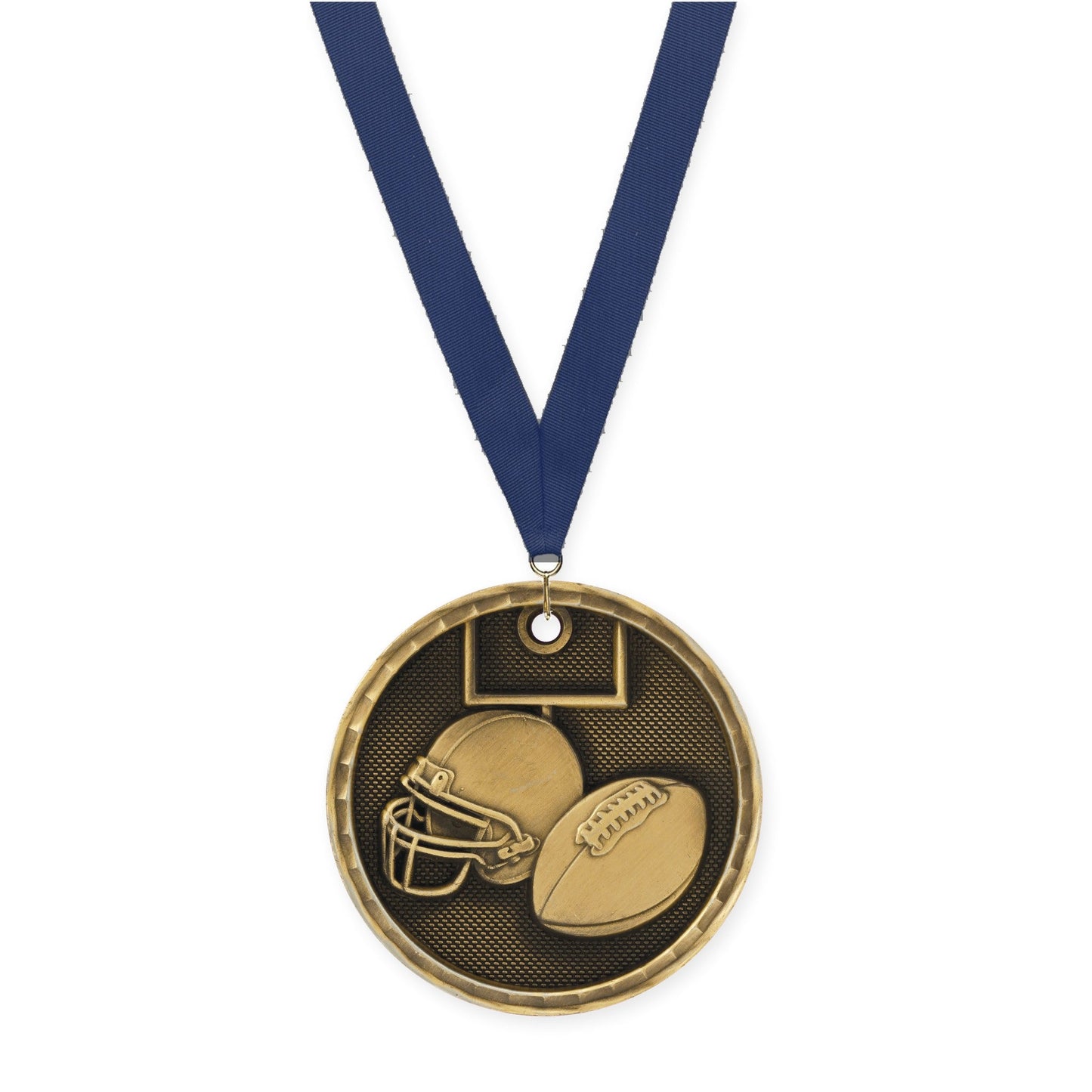 2 inch football 3-D medal in antique gold with Navy neck ribbon