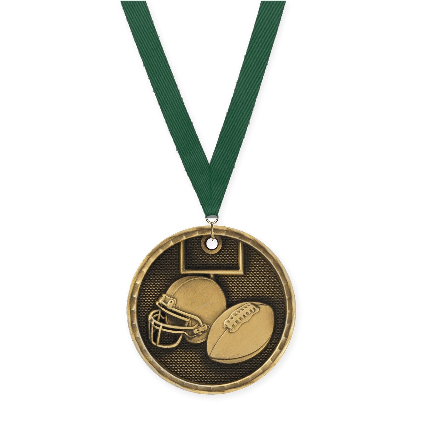 2 inch football 3-D medal in antique gold with Hunter Green neck ribbon