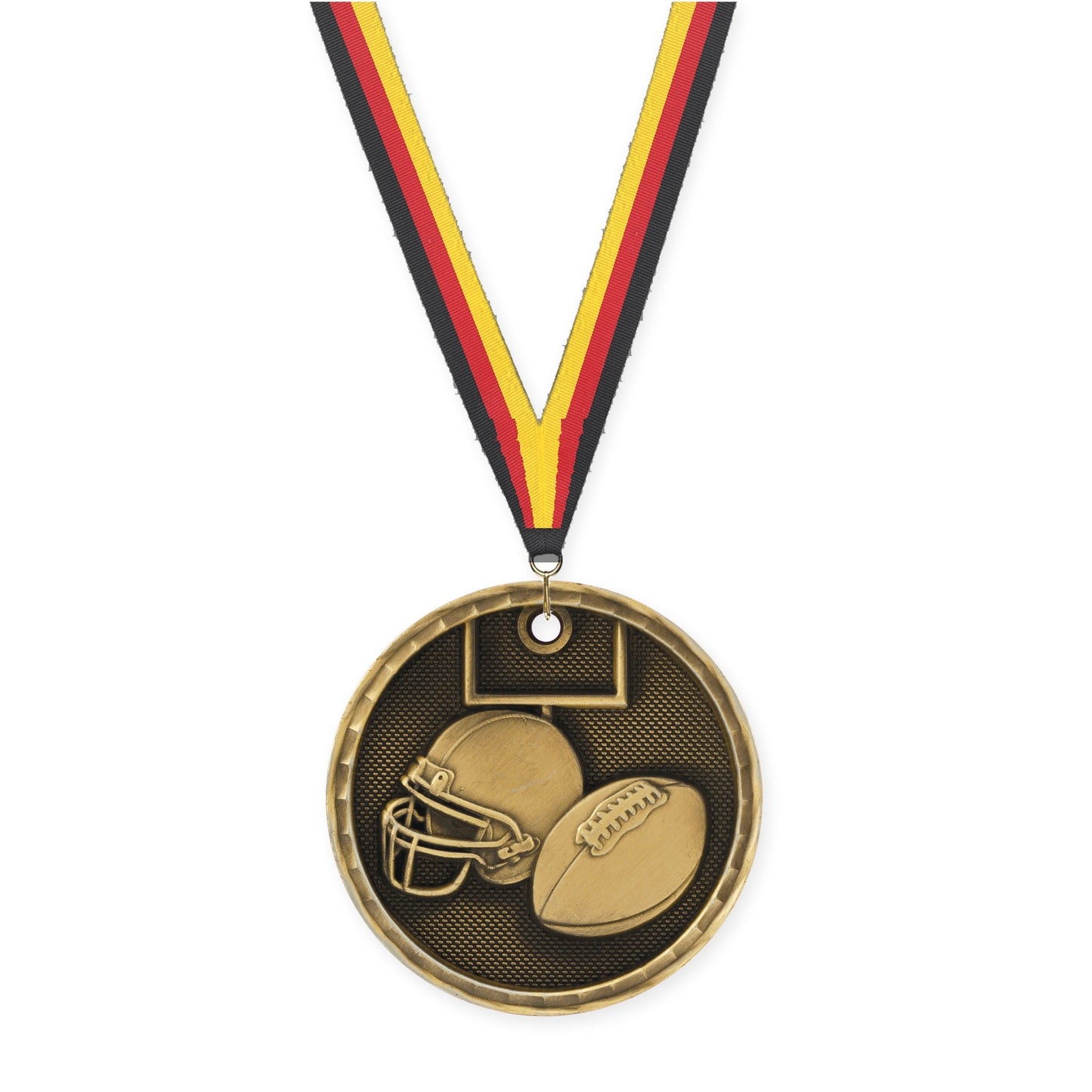 2 inch football 3-D medal in antique gold with Black Red Yellow neck ribbon