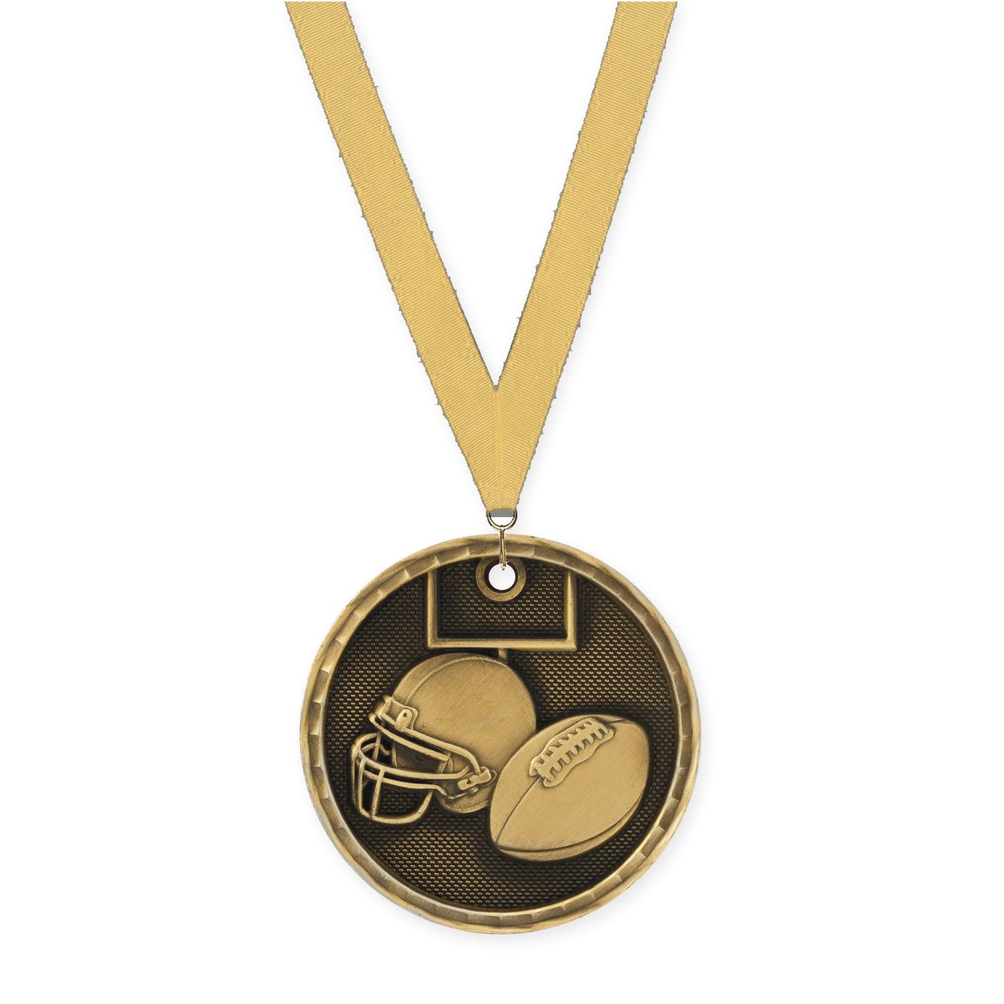2 inch football 3-D medal in antique gold with Gold Metallic neck ribbon